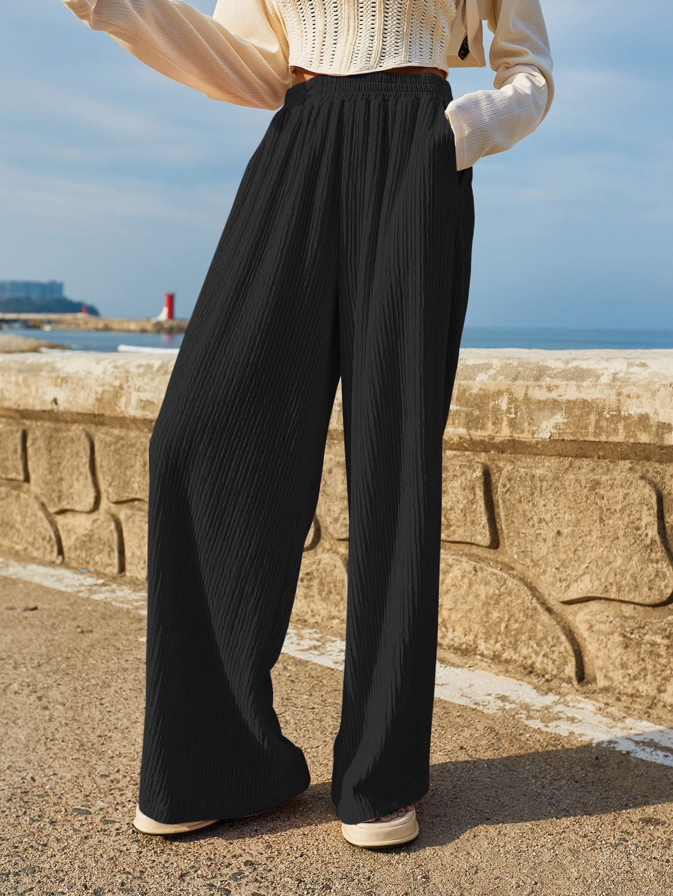 AVIMYA Womens Pants Slant Pocket Wide Leg Black Pants