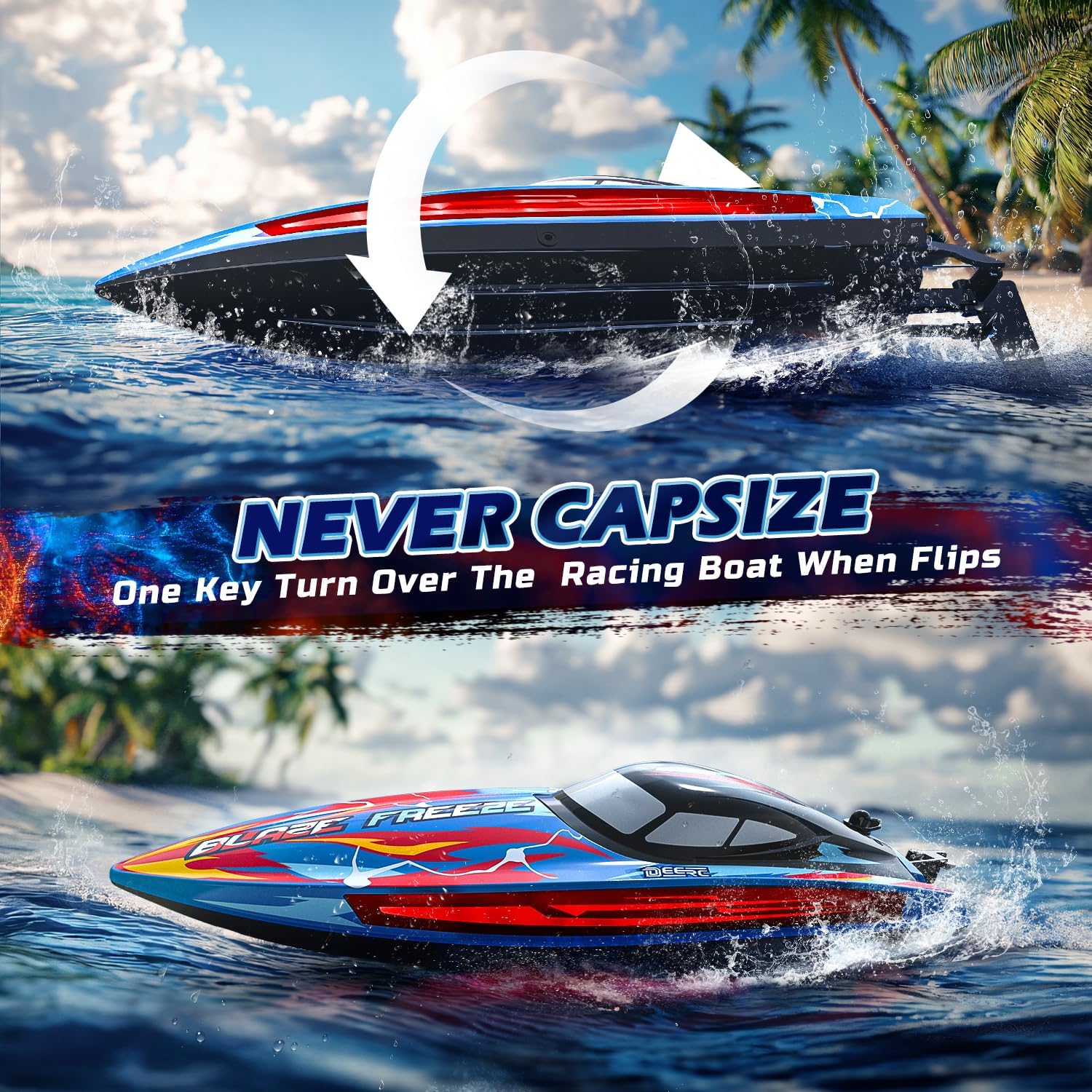 DEERC Fast RC Boat for Pool & Lake, 20+MPH, 40+ Mins, 7 LED Light Modes, Self Righting Remote Control Racing Speed Boat for Kids, 2.4Ghz Summer Water Toy Gift