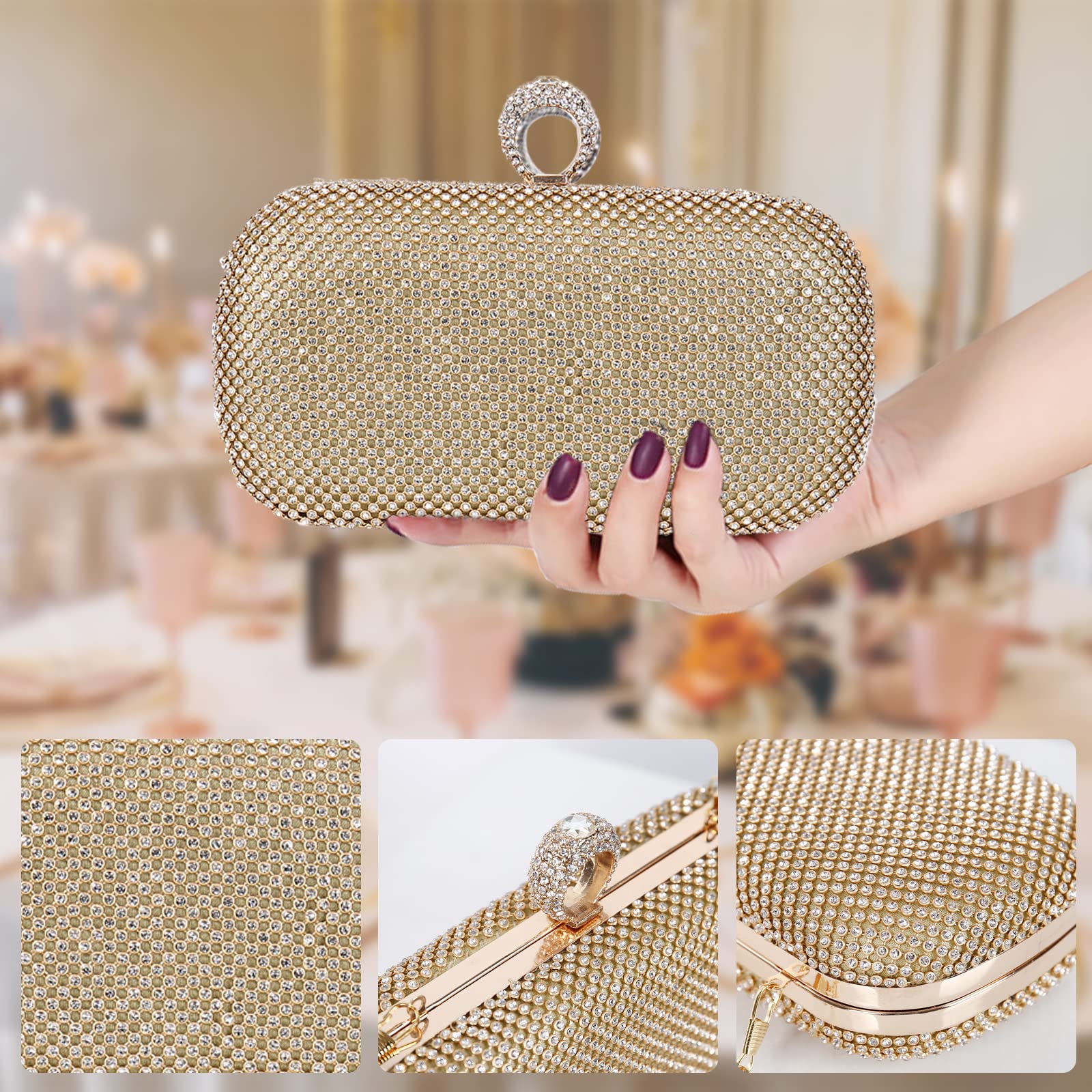 CORIOS Damen Abendtasche Strass Handtasche Damen Glitzer Clutch Strasssteine Schultertasche Braut Handtasche Abnehmbarer Kette Umhängetasche Klein Tasche für Hochzeit Abendparty Tanzparty Silber