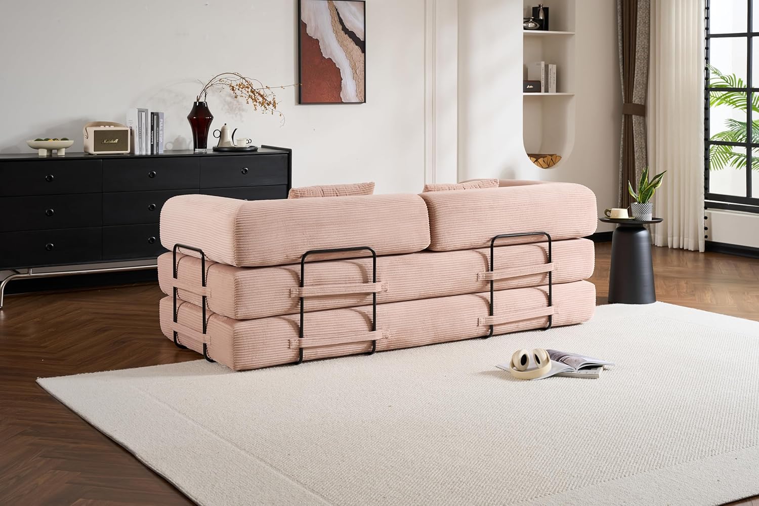 78 Inch Boneless Couch, 4-in-1 Folding Convertible Sofa Bed,Corduroy Loveseat Sleeper with Pull Out Bed, Floor Sofa Modular Futon Couch for Living Room Bedroom Lounge (Pink)