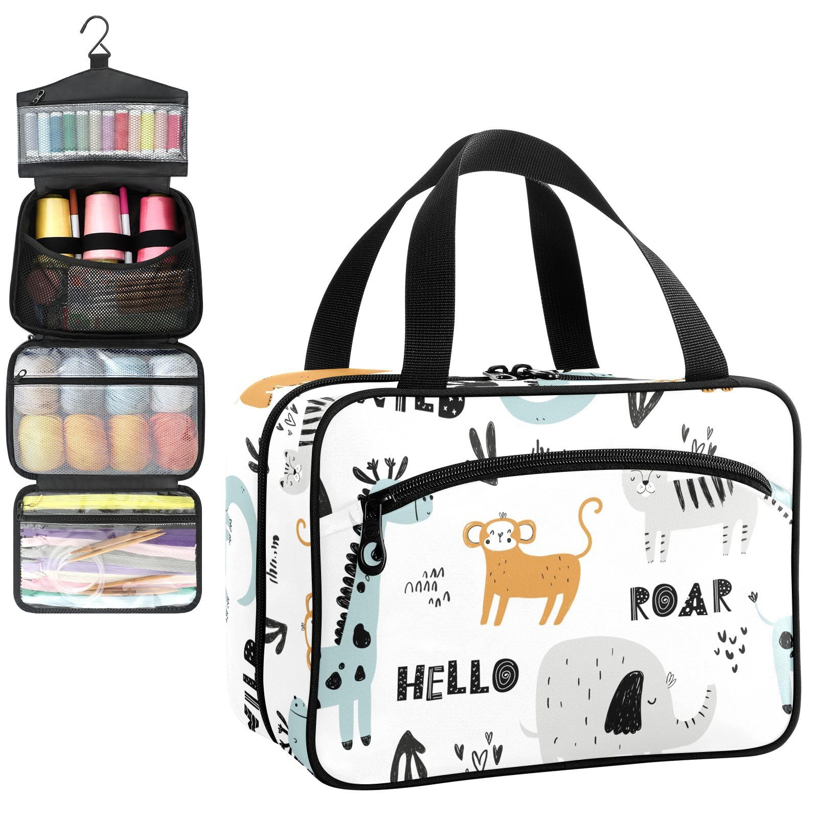 YNNALE Sewing Supply Organizer Bag, Roar Lion Wild Animals Giraffes Elephant Portable Sewing Bags with Pockets&Hanger, Sewing Storage Box Case for Sew Supplies/Kit/Tools/Accessories (BAG ONLY)