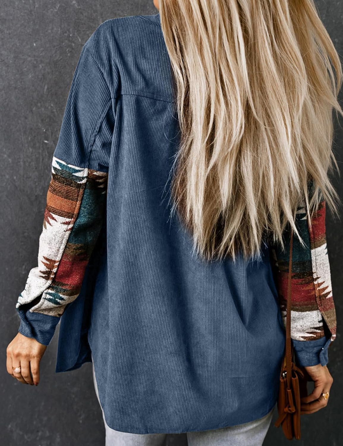 Perbai Womens Corduroy Flannel Shirt Long Sleeve Button Down Aztec Loose Shacket Jacket with Pockets - Image 2