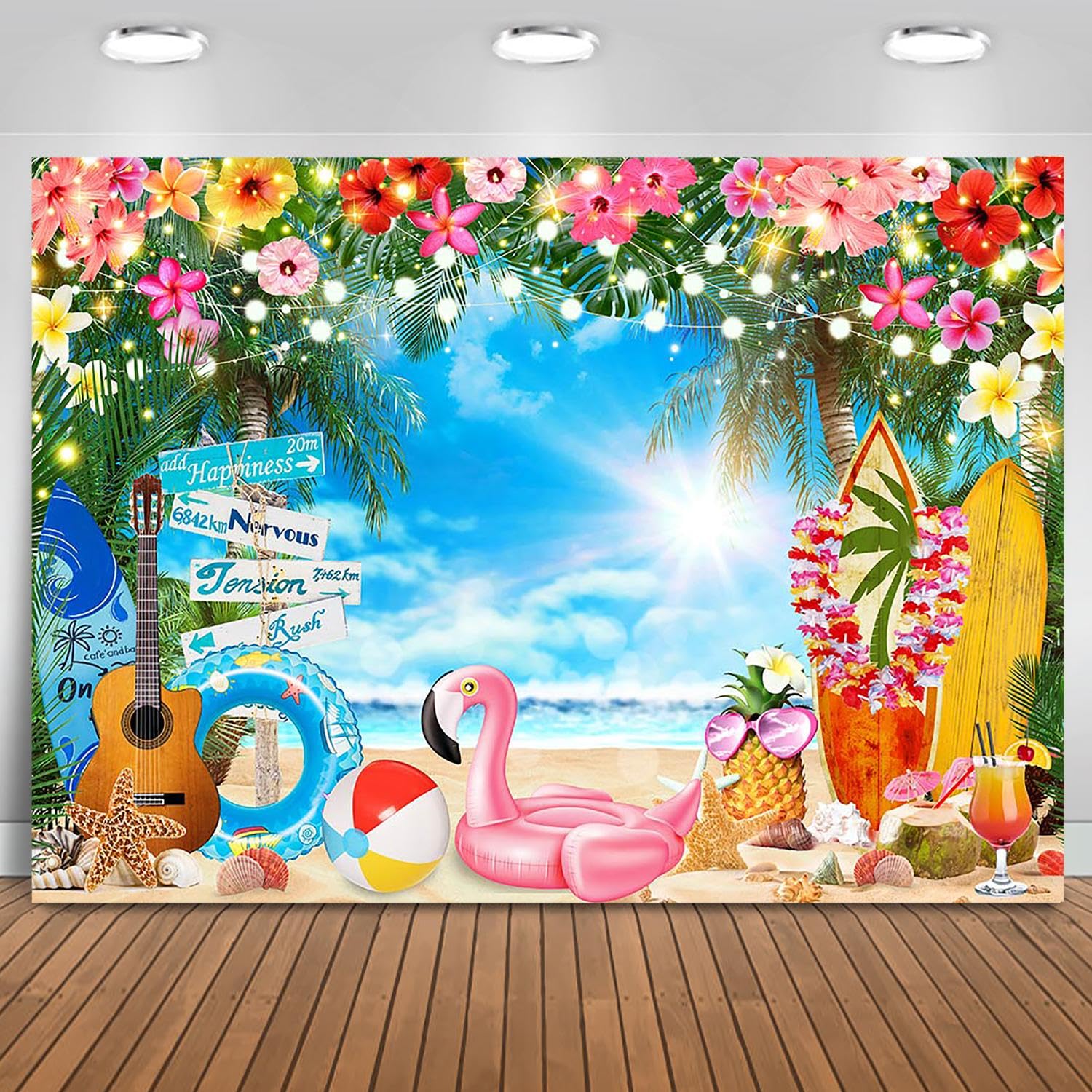 Mocsicka Summer Luau Beach Photography Backdrop Flamingo Tropical Flower Palm Leaves Background for Hawaii Aloha Party Decoration Banner Photo Booth (