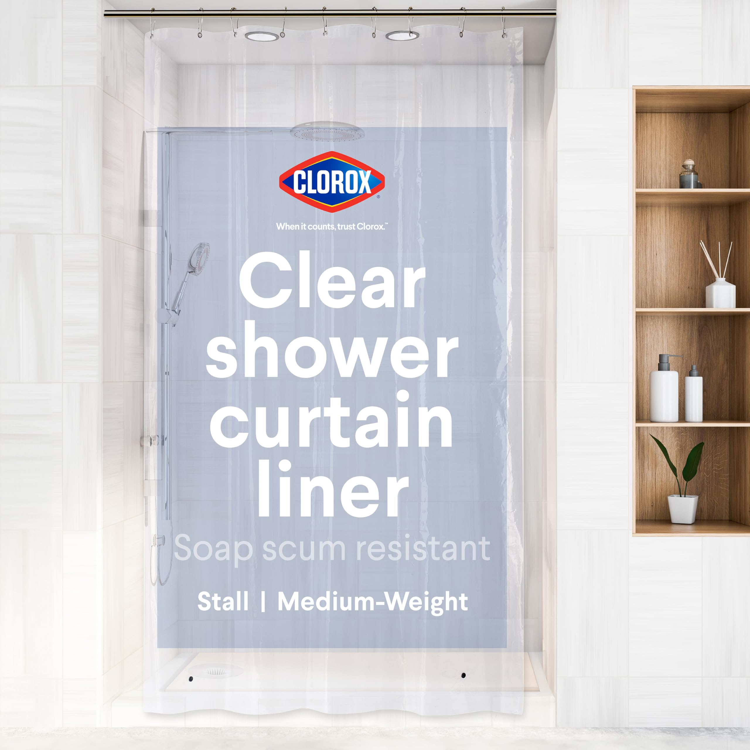 Clorox Shower Curtain Liner, Premium Medium-Weight Durable Waterproof 6g PEVA for Bathroom with Weighted Magnets, Extra Long 54" x 78", Clear 1 Pack