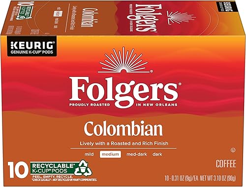 Folgers Colombian Coffee, Medium Roast, Keurig K-Cup Pods, 10 Count Box