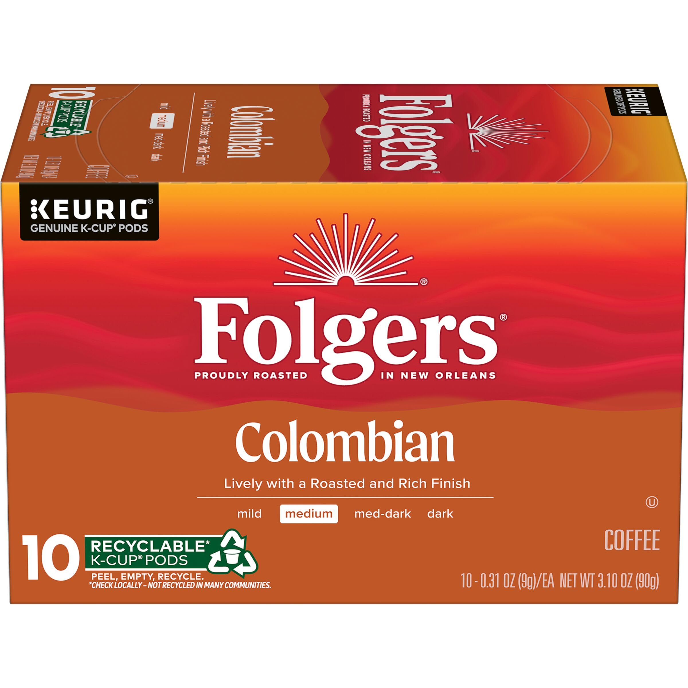 folgers colombian coffee, medium roast, keurig k-cup pods, 10 count box