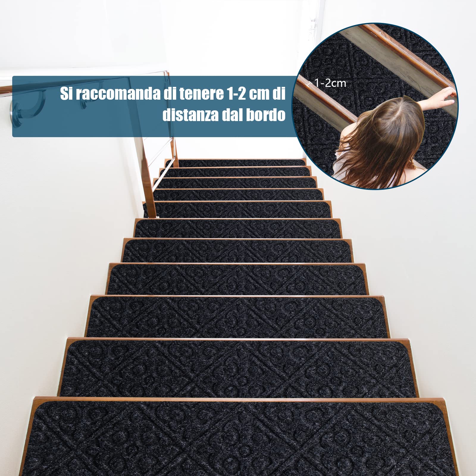 COSTWAY 15 Tappetini Antiscivolo per Scale 76 x 20 cm, Tappeti Antiscivolo per Gradini di Scale di Legno da Interno, Tappetini Impermeabili per Scale per Bambini, Anziani e Animali (Grigio)