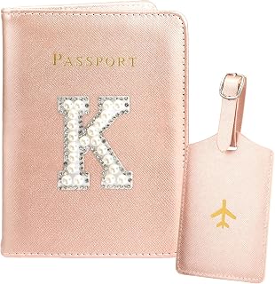 Initial Passport Holder and Luggage Tag Set Pink Leather Passport Holder Personalized Passport Cover for Travel Women Passport Book with Monogram Letter Travel Gifts Essentials for Women Travelers K