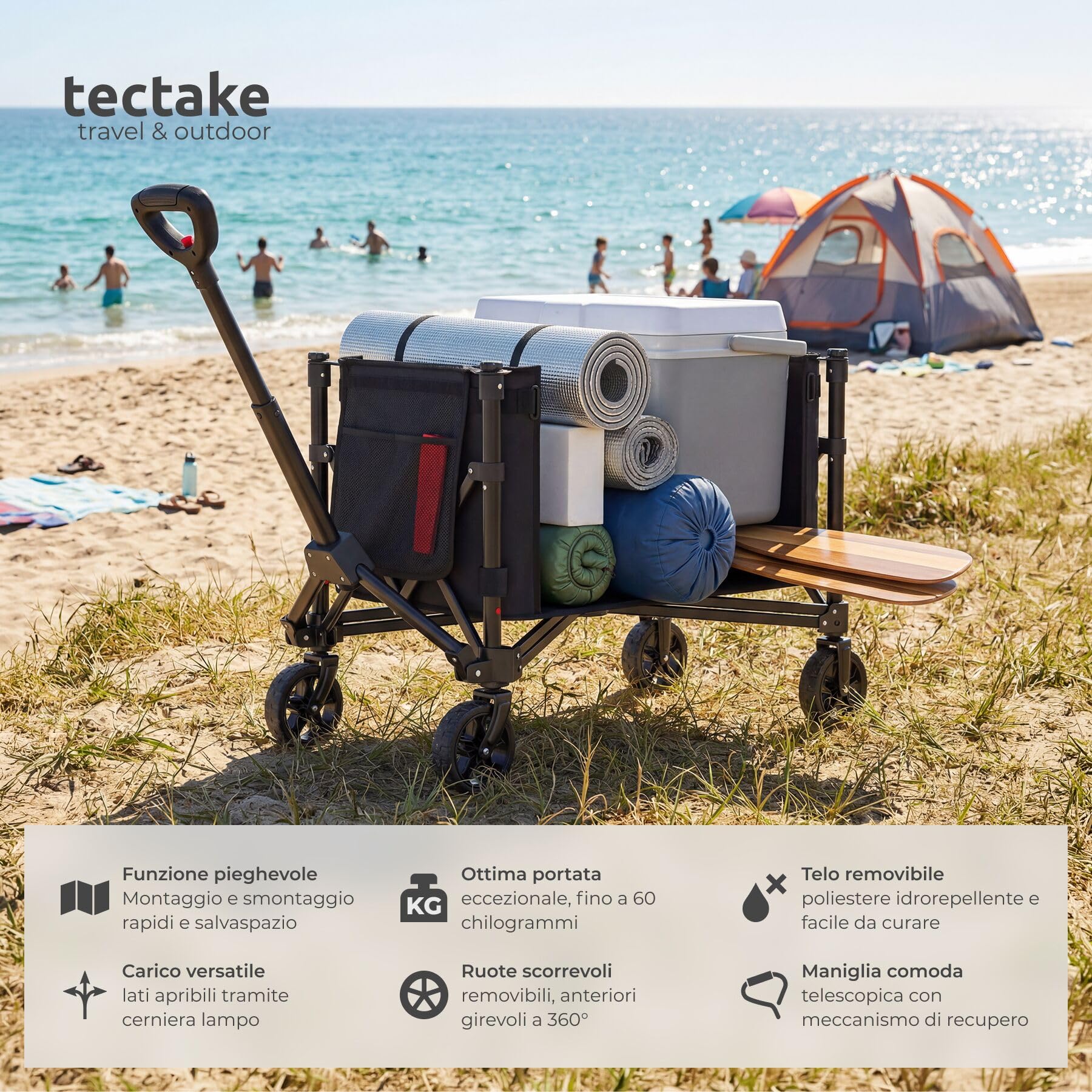 tectake®, Carrello con Ruote Portatutto a mano pieghevole, 120 L portata max 60 kg in acciaio, Carrellino con Ruote Portatutto, trolley con manico, ruote girevoli con freno, carrello spesa, campeggio