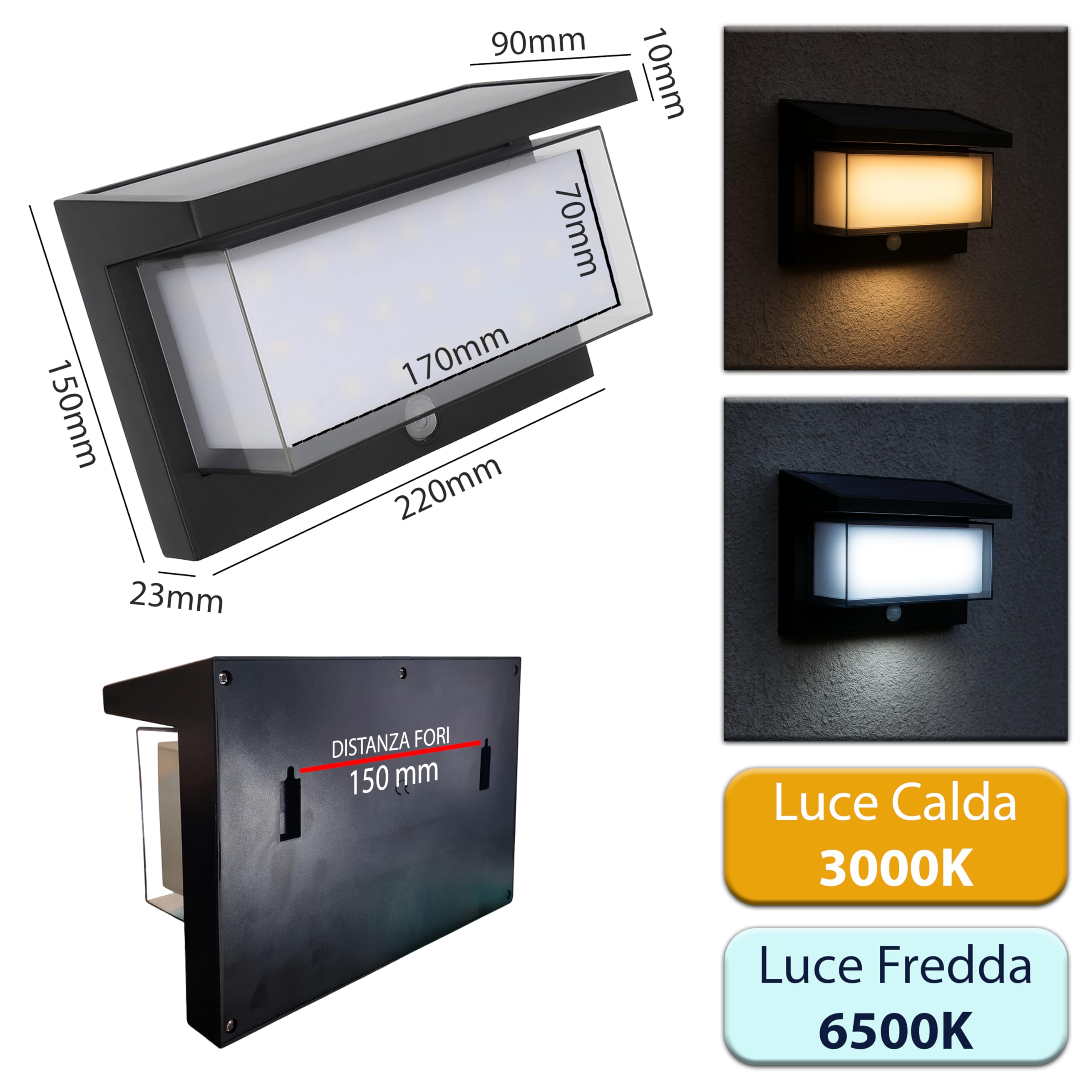 MAKA Applique Solare da Esterno 1000 Lumen (Equivalente 100W), Doppia Luce 3000K Calda e 6500K Fredda, Sensore PIR 6m e Crepuscolare, Batteria 3600mAh con Pannello Solare 2,2W, IP65, 8 Modalità (Nero)