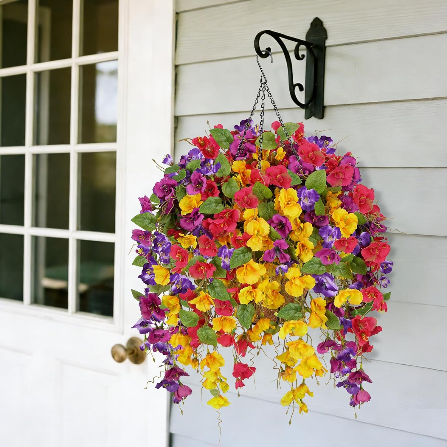 2 Set Artificial Hanging Hibiscus Flowers Baskets for Outdoor Fake Spring Flowers UV Resistant Faux Silk Hibiscus Decor in Planter for Patio Garden Yard Outside Porch Decoration(Yellow+Red)