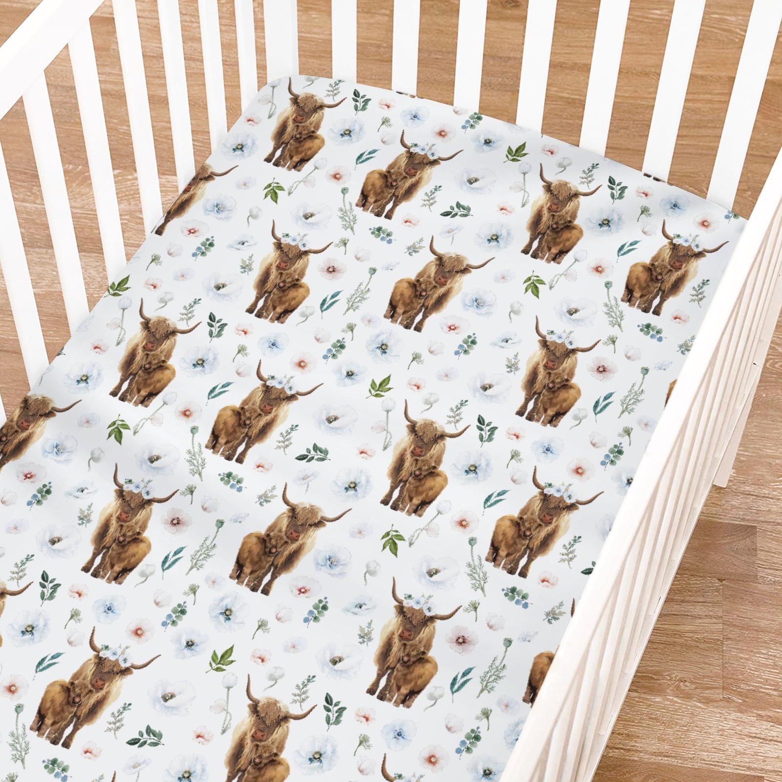 Baby-Spannbettlaken 132 X 71 Cm – Highland Cows Boho Design, Weich & Dehnbar, Fürs Kinderbett