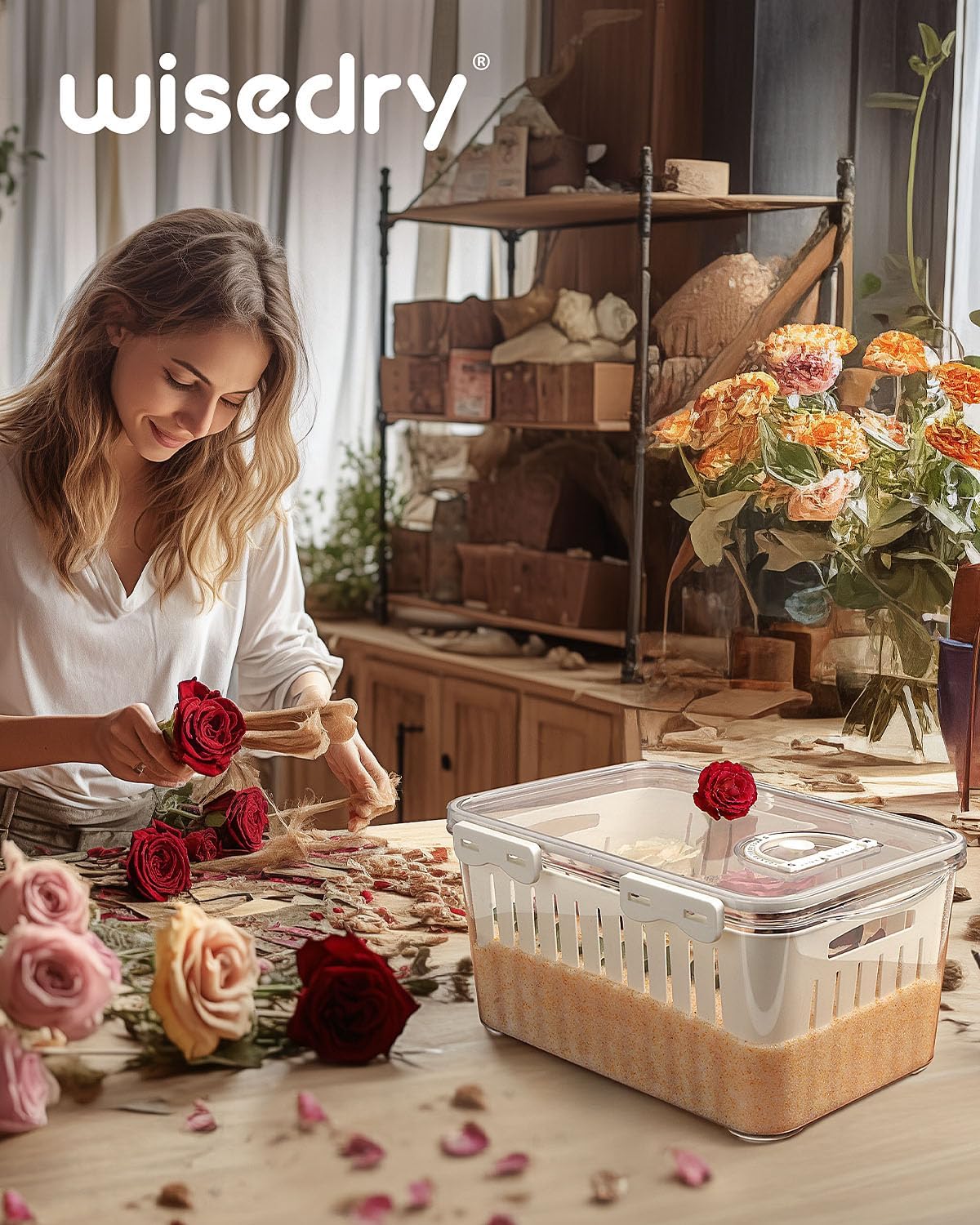 wisedry Silica Gel Flower Drying Container, One Step Retrieve Dried Flowers, 11.5''L X 7.7''W X 6''H Storage Box with Cleanup Mat, Erasable Pen & Adhesive Label (Silica Gel Crystals Not Included) - Image 9