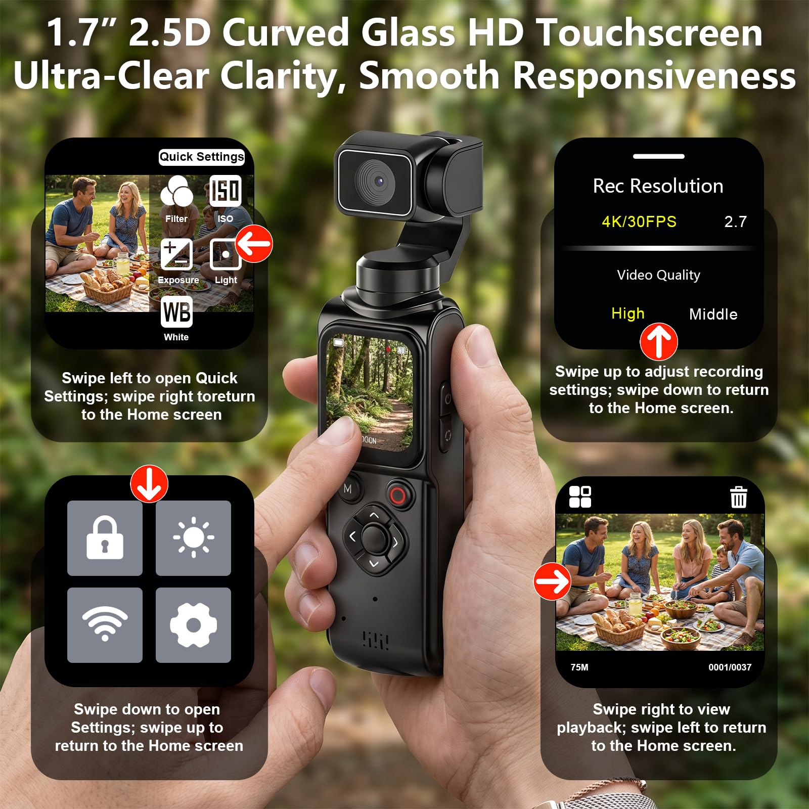 Cámara de vlogging 4K, cámara de bolsillo portátil, 4K/30FPS con foto de 75MP, lente giratoria de 330° y seguimiento facial, pantalla táctil de 1.7 pulgadas, Wi-Fi, zoom digital de 18x, para YouTube