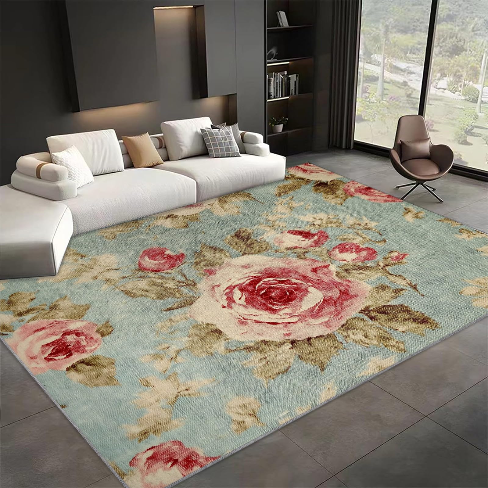 Area Rug 5x7 ft Machine Washable Area Rugs Shabby Chic Rose Flower Carpet for Living Room Dinning Room, Floor Cover Soft Foldable Non-Slip Accent