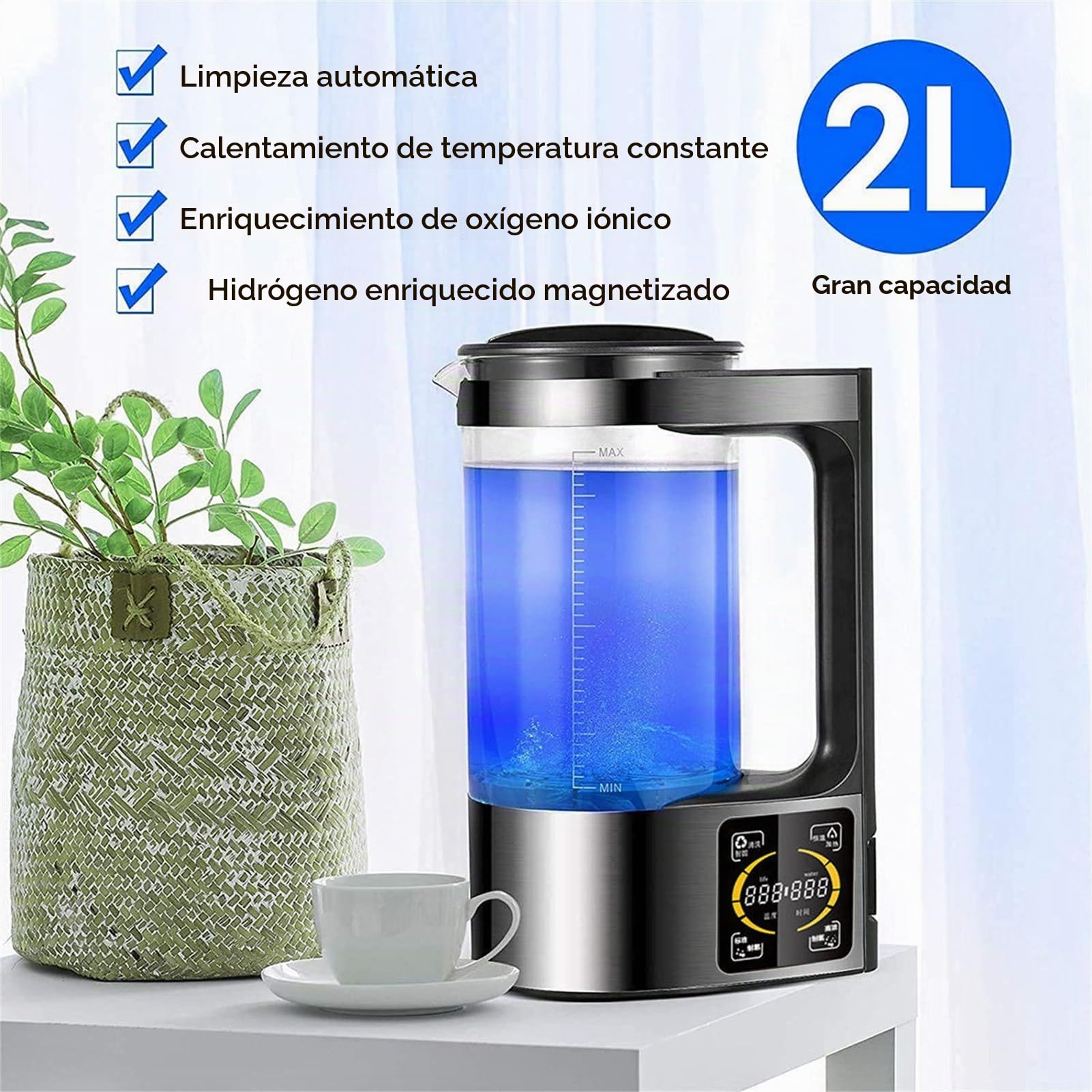 Jarra de Agua de hidrógeno de Gran Capacidad de 2 litros, generador de Agua de hidrógeno de 1500 PPB, tecnología SPE y PEM, Limpieza Inteligente y Calentamiento a Temperatura Constante