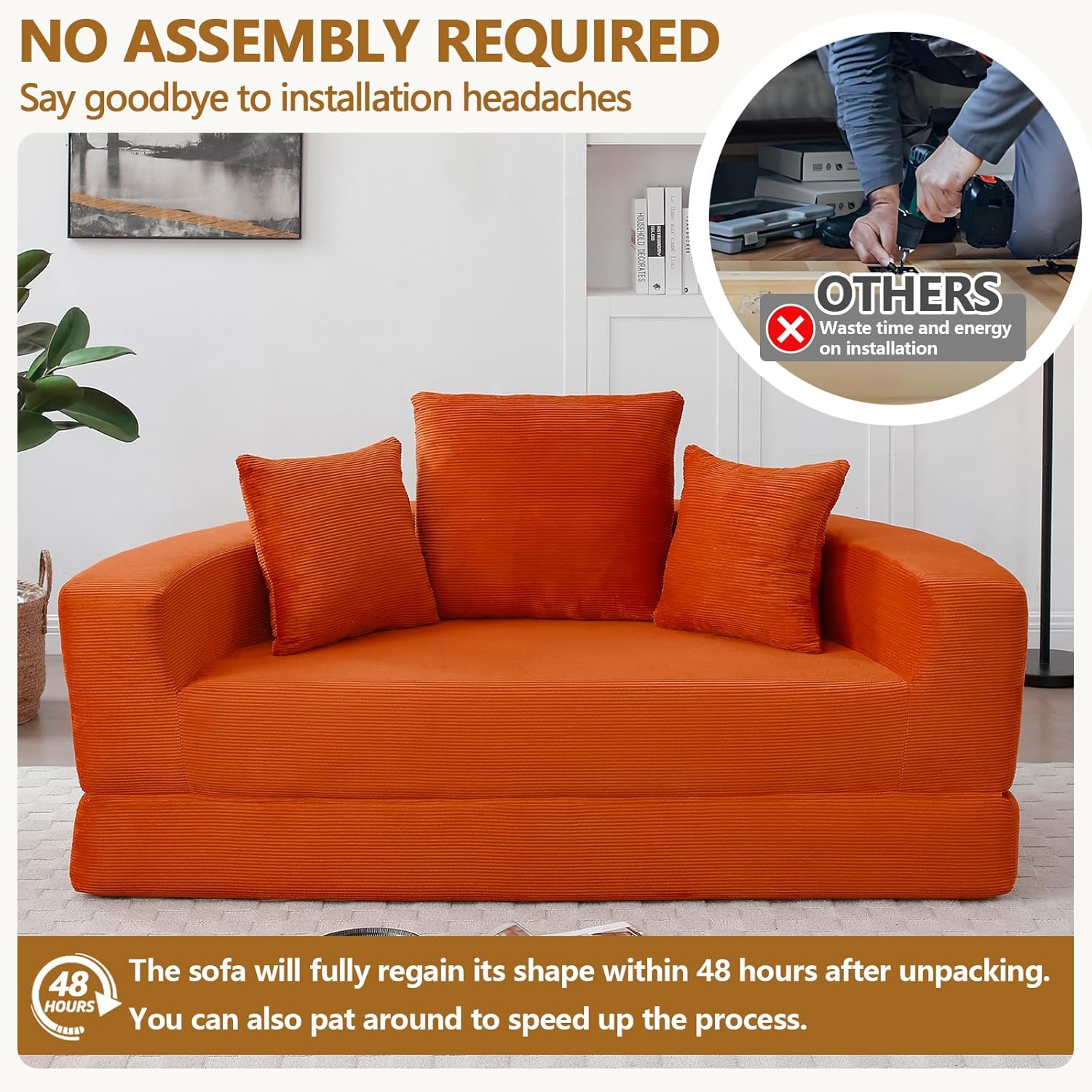 HRVEOCEI 67'' Circular Convertible Compressed Sofa Bed, Orange Corduroy Floor Lounge Round Boneless Couch, Loveseat Sleeper Sofa Couch with 3 Cushions, No Assembly for Apartment, Bedroom (Orange, 67")