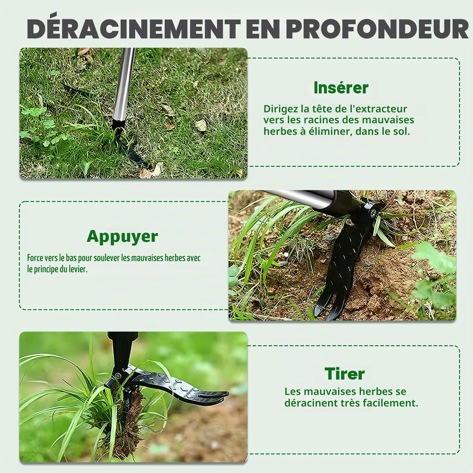 Désherbeur manuel sur pied en acier au manganèse, extracteur de racines à 4 griffes pour jardin et pelouse, arrache-mauvaises herbes ergonomique, désherbeur efficace pour pissenlits et chardons