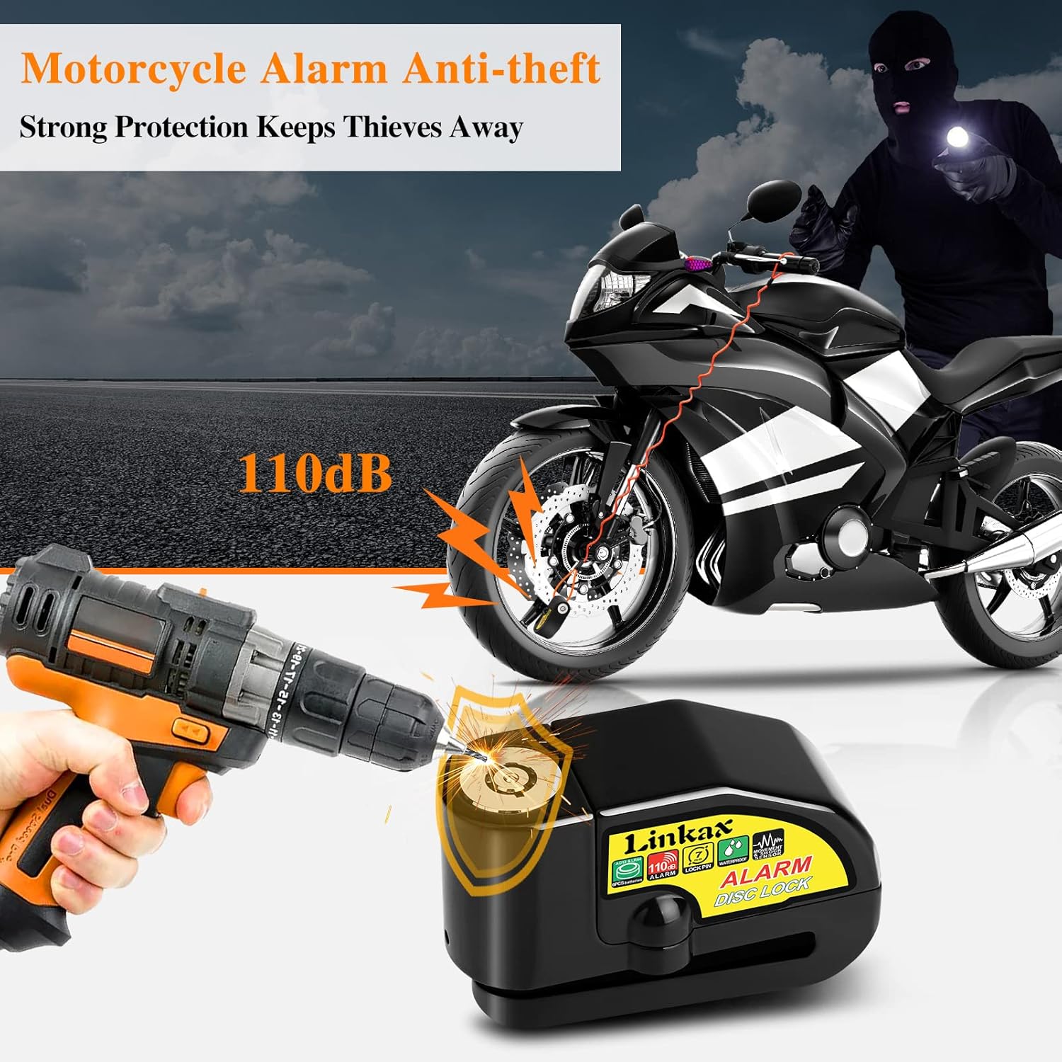 Motorcycle Alarm Disc Brake Lock, Accesorios para Motos, Linkax Motorcycle Locks Anti-Theft Security Wheel Lock 110dB Alarm Sound with Reminder Cable and Carry Pouch for Motorbike Dirt Bike Scooter : Automotive