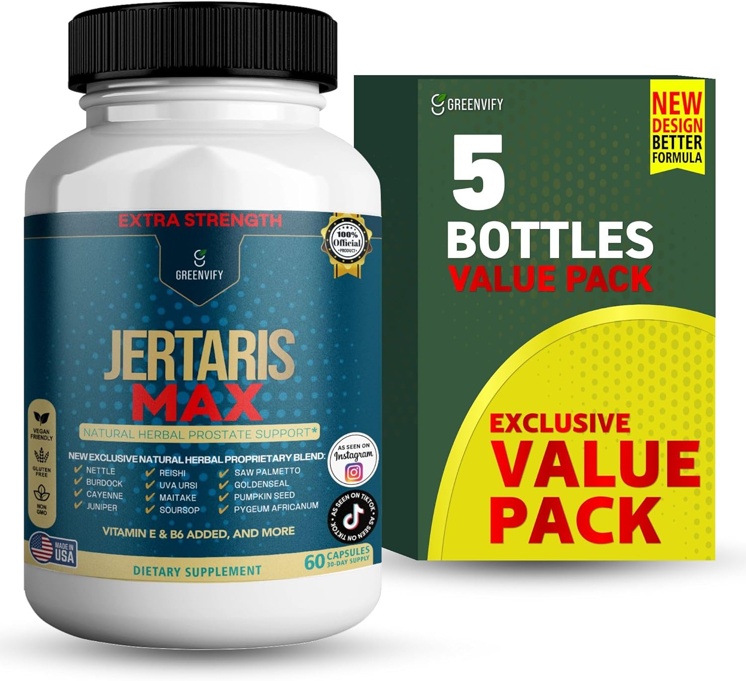 Jertaris Max Extra Strength Prostate Support, Natural Herbal Supplement with Saw Palmetto, Pygeum, Plant Sterols, 60 Capsules (5)