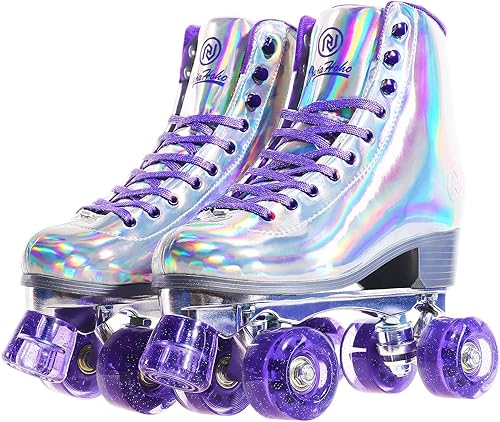 Miniatura 7 de Patines holográficos de piel sintética para mujer, patines de cuatro ruedas brillantes de doble fila, cuatro ruedas para niñas de 8 a 50 años, para
