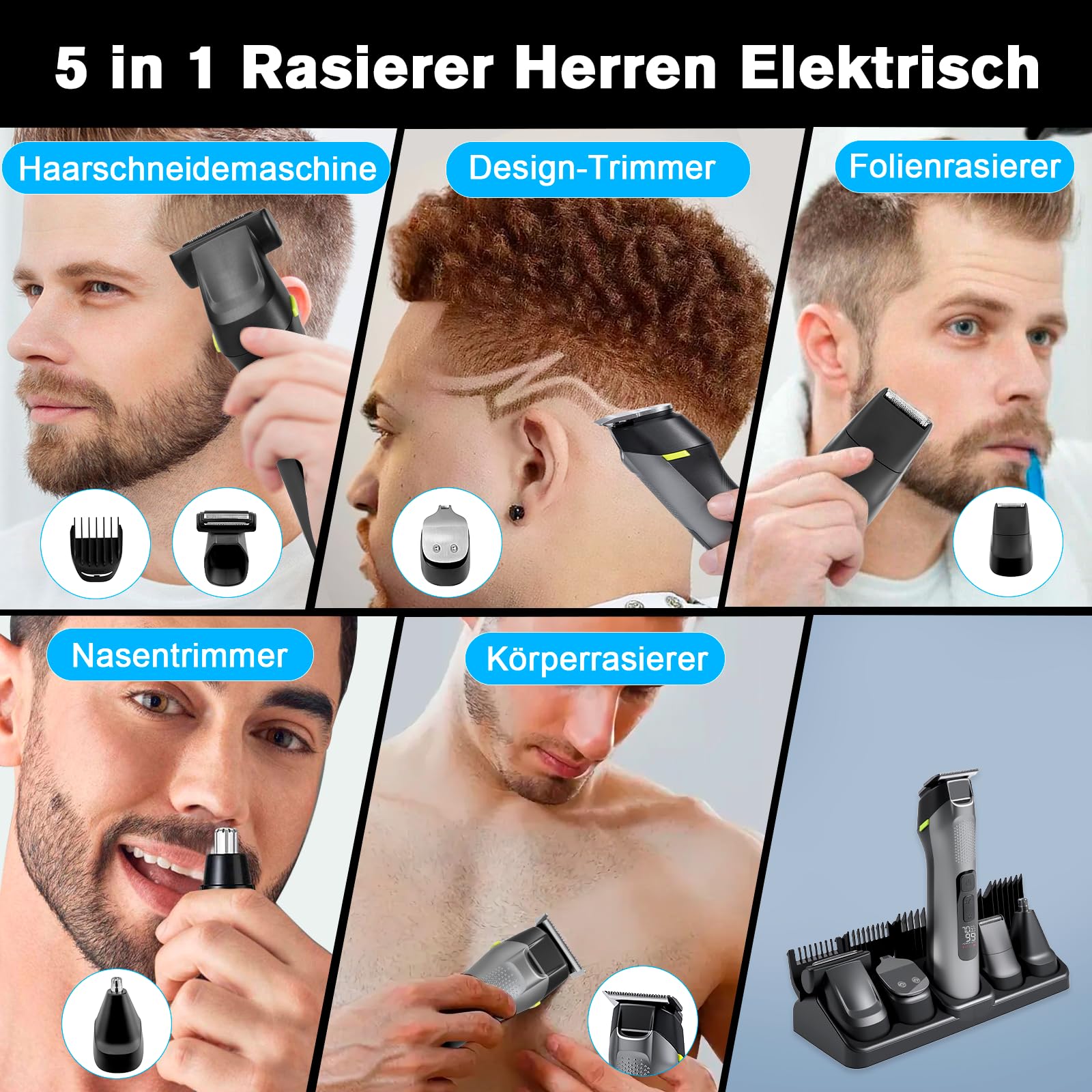 Carehabi 5 in 1 Haarschneidemaschine Barttrimmer Herren, All-in-1 Bartschneider Nasenhaartrimmer Kabellos, für Gesicht, Kopf und Körper, IPX7 Wasserdicht Multigroom kit, Geschenke für Männer