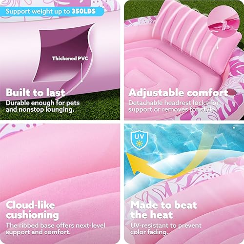 Miniatura 5 de SLOOSH Flotador inflable para tumbona para piscina, 72 x 65 pulgadas, flotadores de piscina para adultos con almohada, tela de lujo, flotador grande