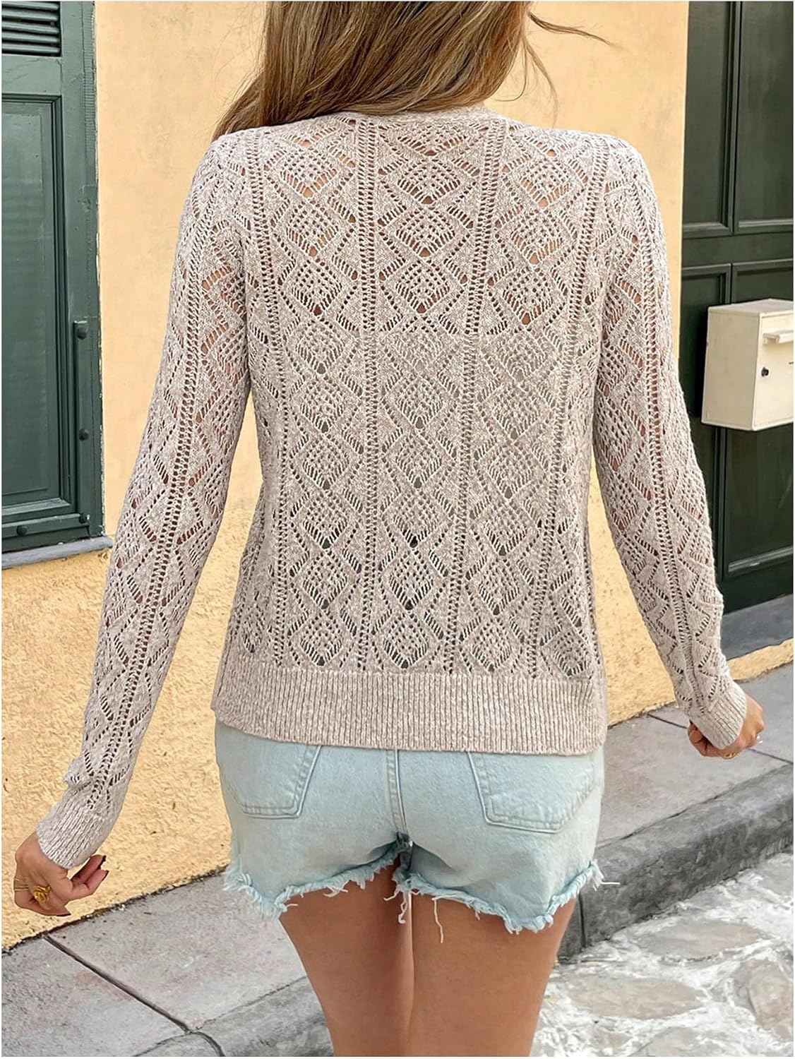 OYOANGLE Women's Cardigan Sweater Long Sleeve Button Down Crochet Hollow Out V Neck Knit Outerwear - Image 3