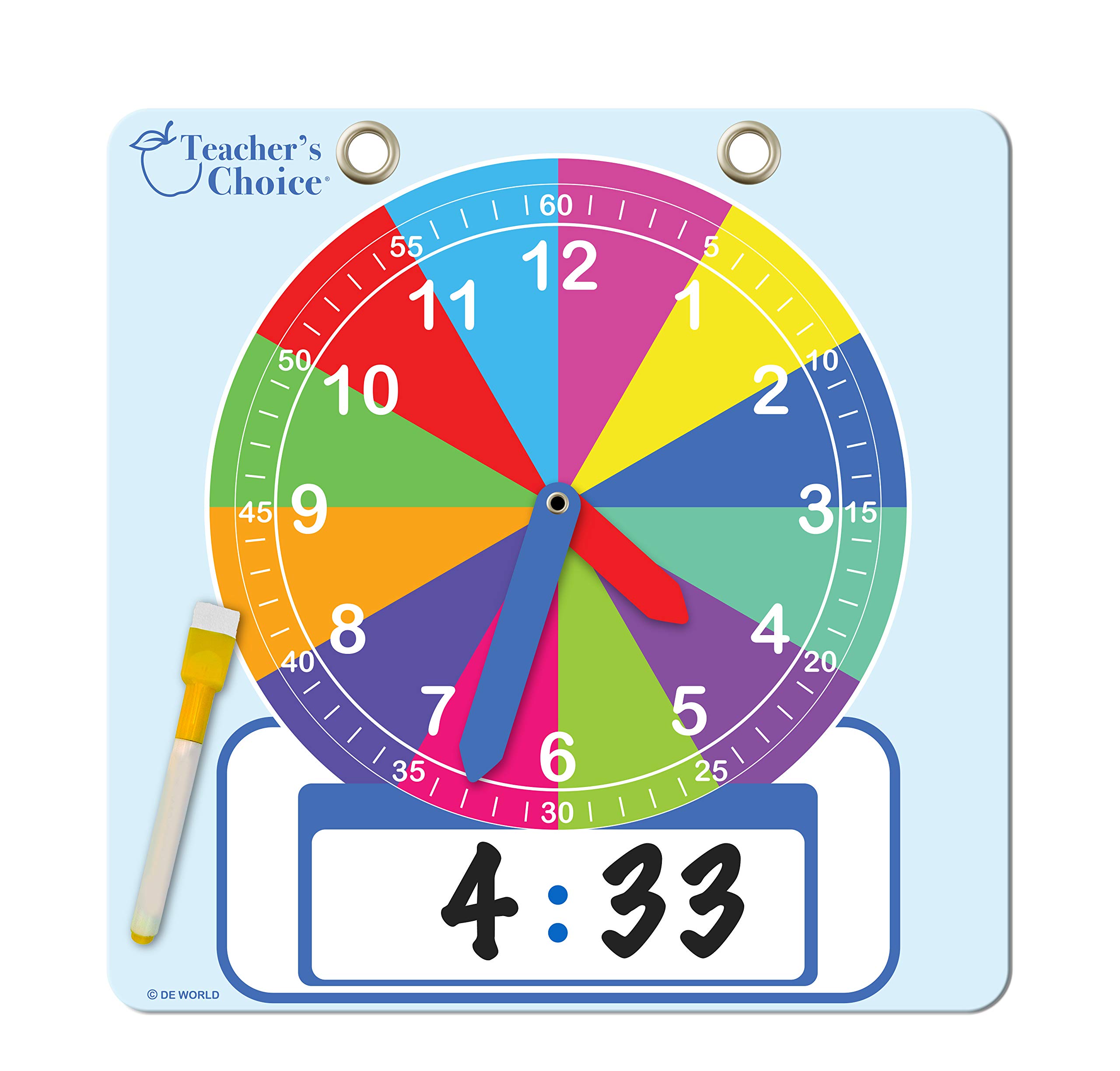 Teacher's Choice Writable Dry Erase Learning Clock | Large 12" Demonstration Teaching Time Practice Clock with Dry Erase Writing Surface | Marker Included | (Rainbow)