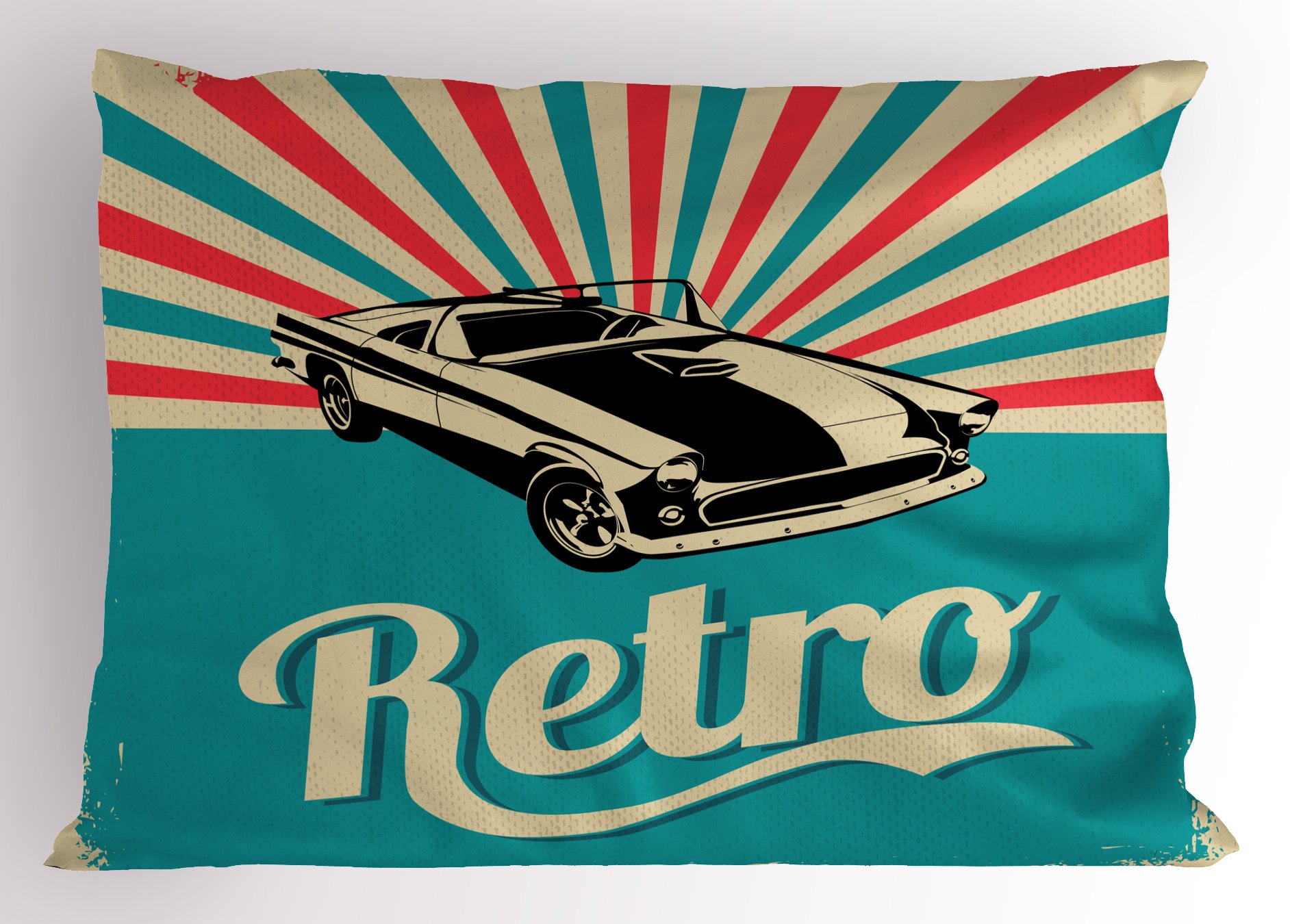 Ambesonne Cars Pillow Sham, Classical American Car on Retro Striped Backdrop with Grunge Display, Decorative Standard King Size Printed Pillowcase, 36