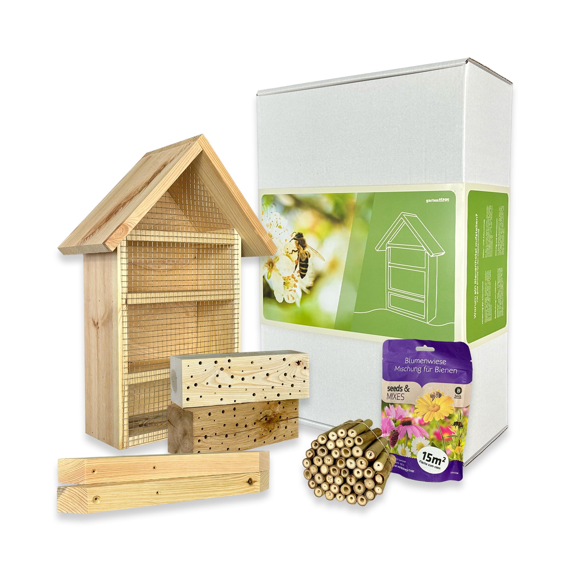 GARTENETAGE DIY Bienenhotel Geschenkset – Natürliches Bienenparadies aus Bambus & Vollholz, Inklusive Blumenwiese Mischung, Einfache Montage, Naturliebhaber