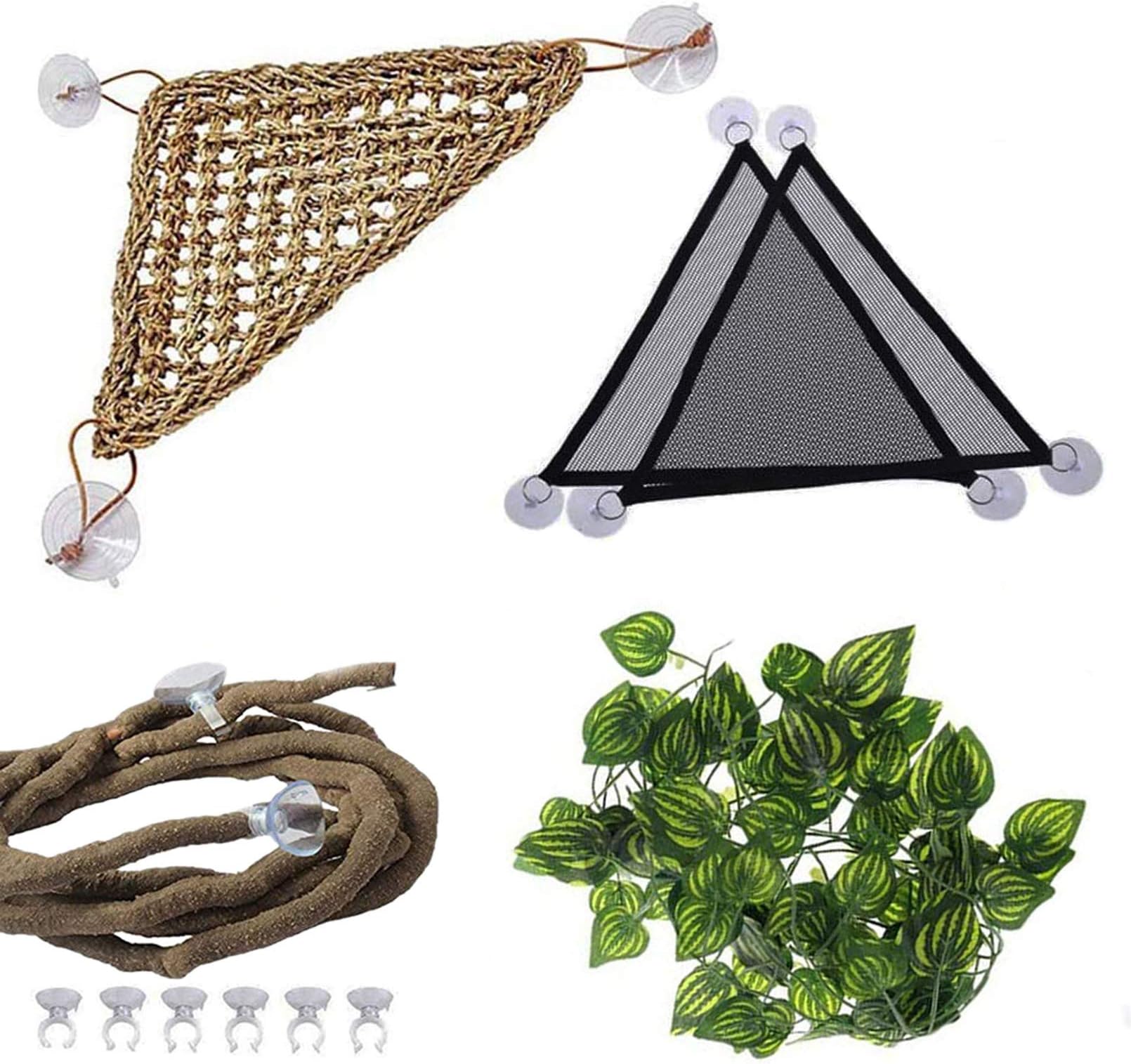 PINVNBY Hammock for Bearded Dragons,Reptile Habitat Lounger Lizard Natural Seagrass Fibers Hammock Jungle Bendable Vines Leaves Tank Decor for Chameleon Hermit Crabs Gecko Snakes(4Pcs)