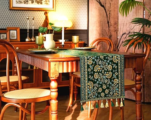 Miniatura 3 de Camino de mesa de 13 x 72 pulgadas, serie de borlas de lujo retro para cocina, mesa de comedor, decoración de vacaciones (rama verde)