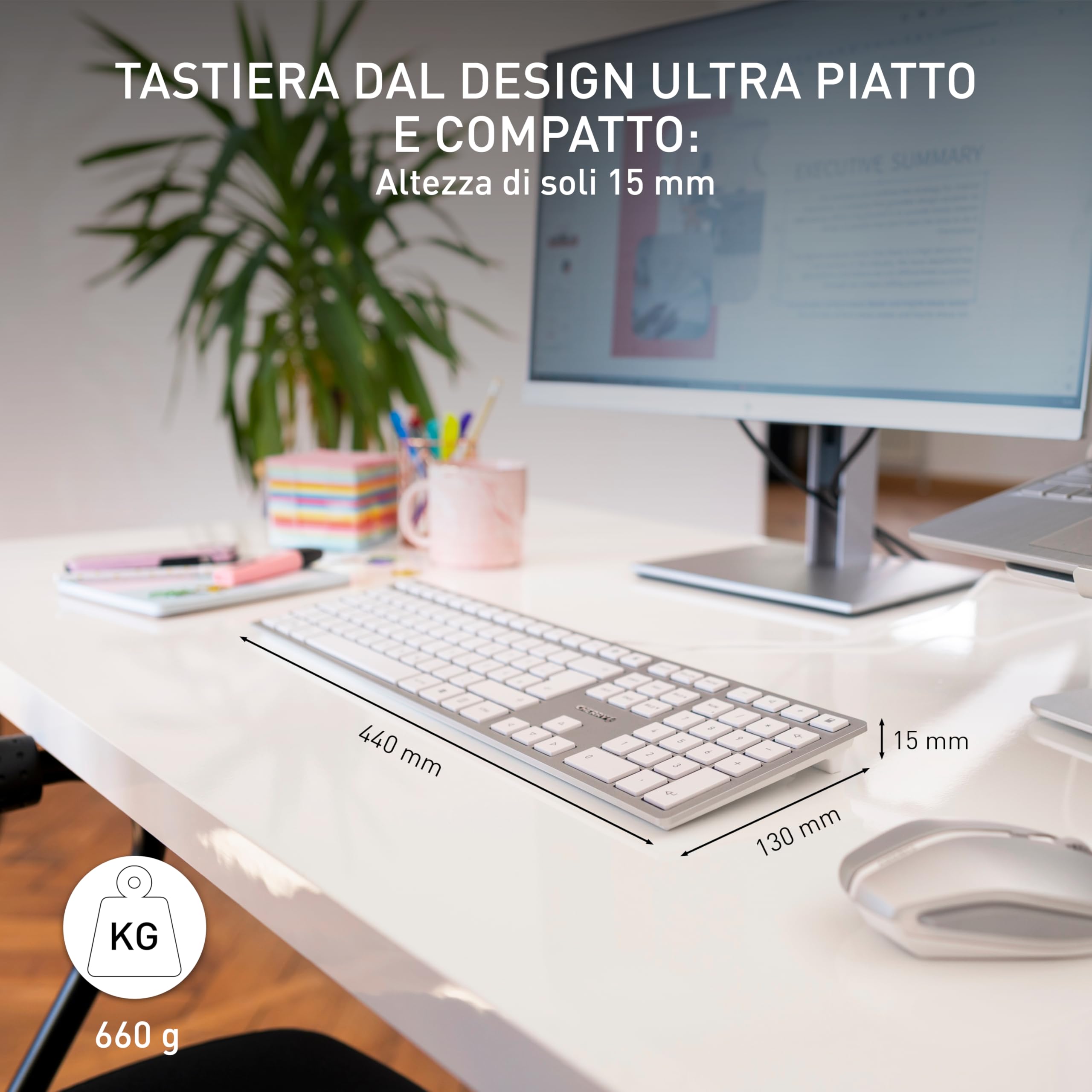 CHERRY KC 6000 SLIM, Tastiera di design Ultrapiatta, per la Germania QWERTZ, Con Filo Porta USB-A, Tasti Silenziosi, Scritte a lunga Durata, Argento, Tedesco - QWERTZ