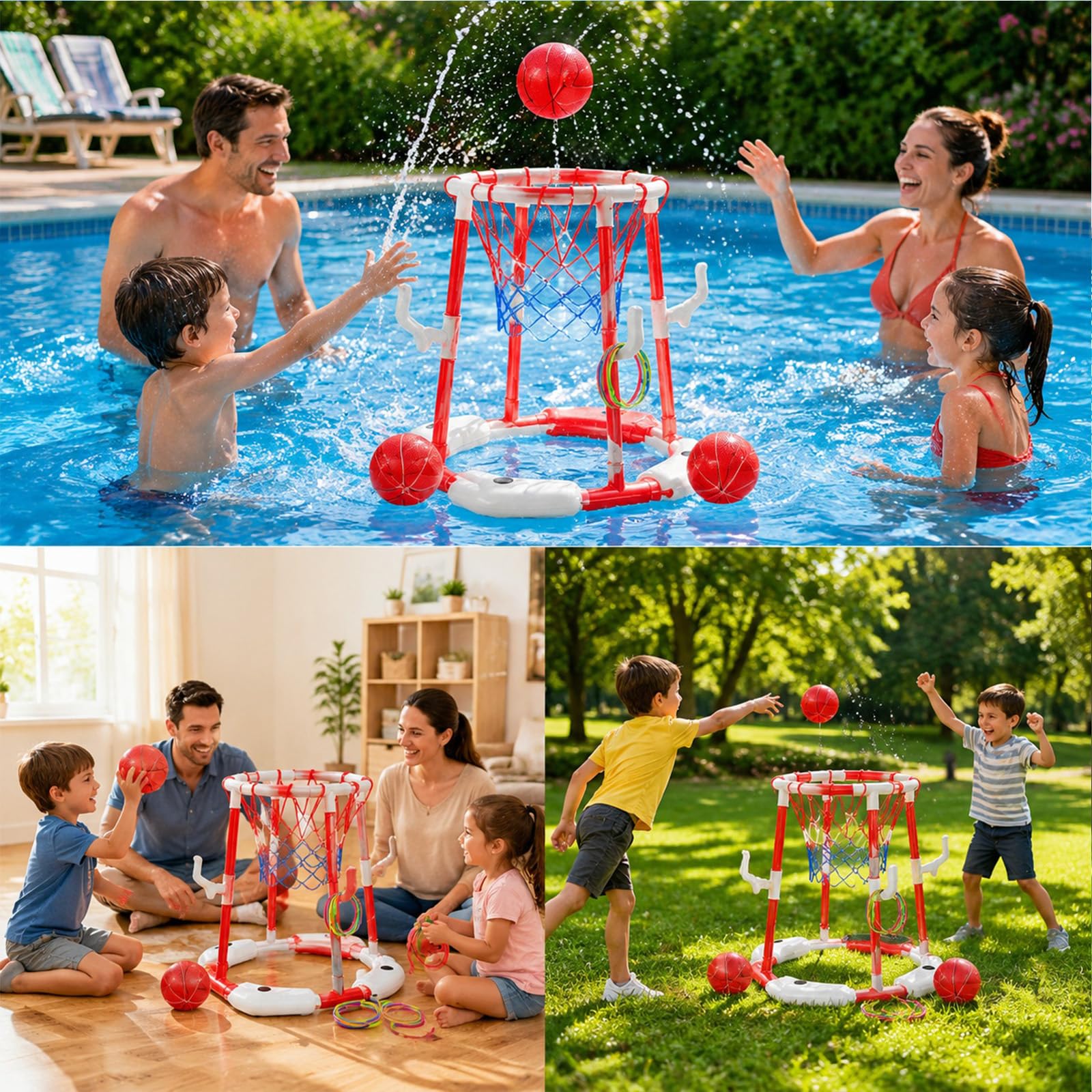 2-in-1 Pool Basketballkorb Ringwurfspiel 4 Bällen 4 Ringen Pumpe Wasserspielzeug Rot