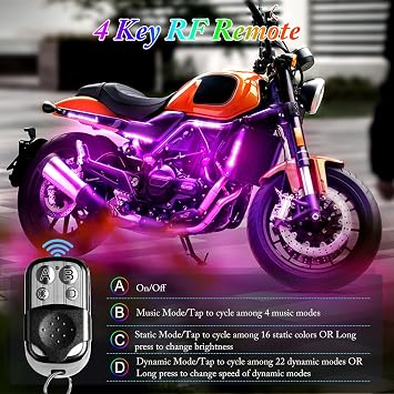 8PCS Motorcycle LED Underglow Kit, 4 Key Remote Control App Control with Two Extension Cords, Music Sync Waterproof RGB LED Motorcycle Light Kit for UTV ATV Golf Cart