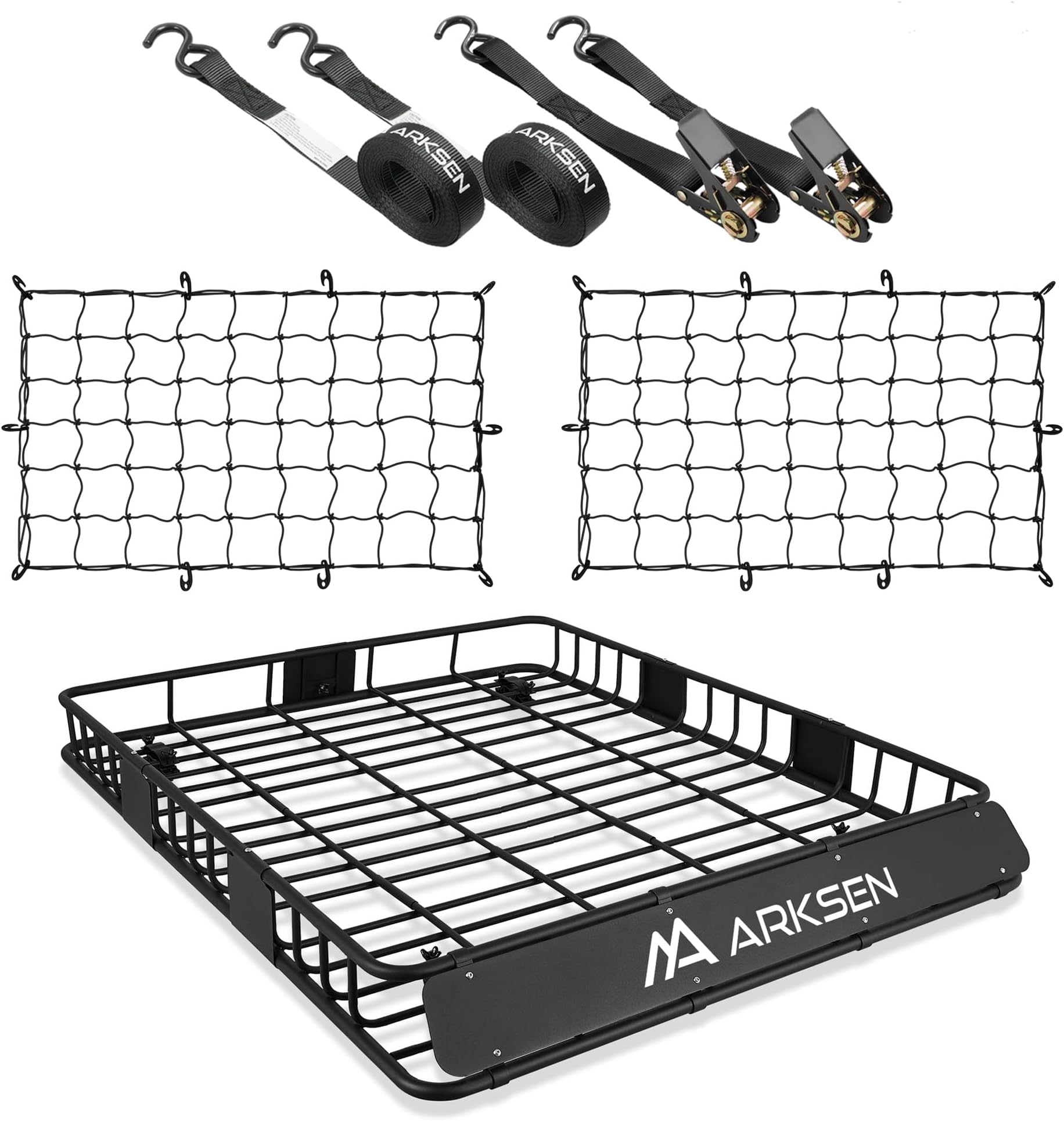 ARKSEN 64 x 50 x 6 Inch Universal Extra Wide 150LB Heavy Duty Roof Rack Cargo Basket with 2 Nylon Cargo Nets, 2 Ratchet Straps, Car Top Luggage Holder Carrier for SUV, Truck, & Car Steel Construction