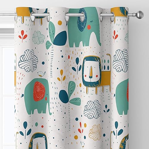 Cortinas opacas para niños, cortinas opacas para dormitorio, dibujos animados, lindos elefantes, leones, pájaros y plantas tropicales, cortinas con
