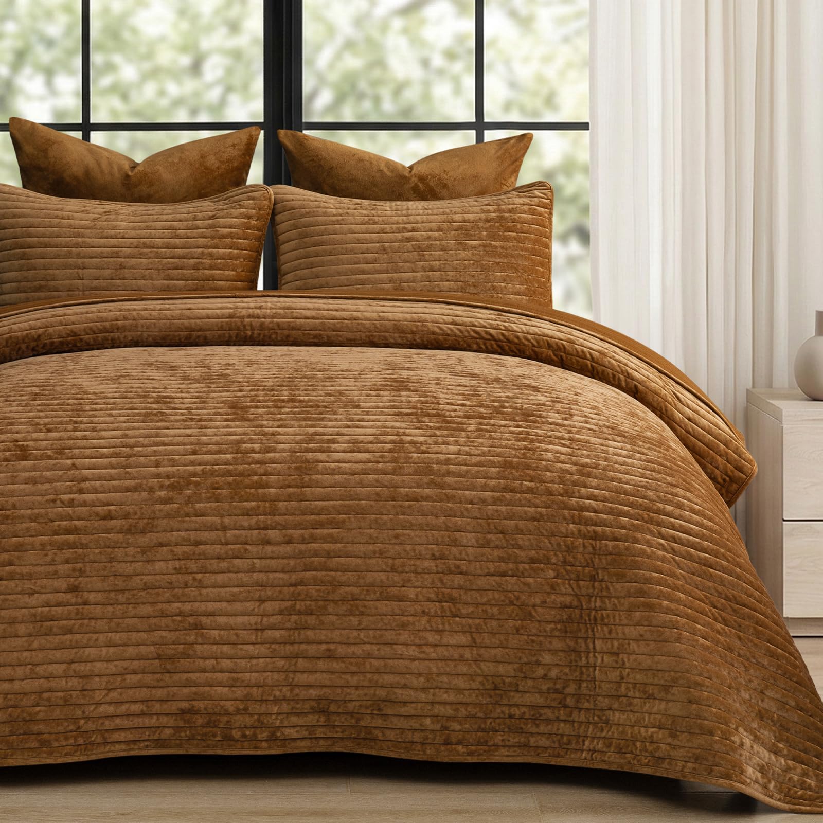 PHF Luxury Velvet Quilt Set Queen Size - 3PCS Ultra Soft Quilted Comforter Alternative with Striped Channel, Cozy Quilted Bedspread, 1 Coverlet with 2 Matching Shams, 90" x 92", Rusty Burnt Orange