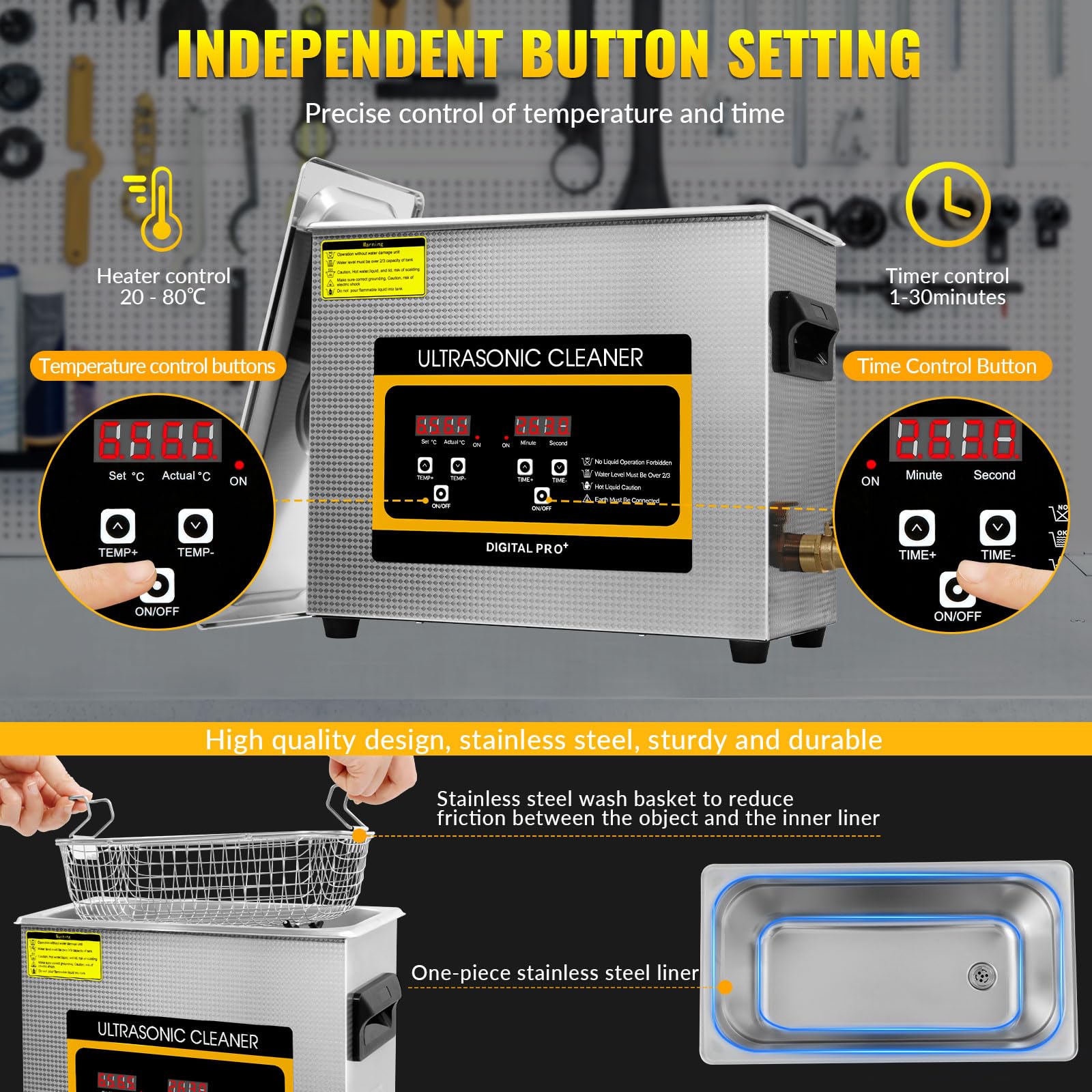 VELPAX 6.5L Ultraschallreinigungsgerät, Professioneller Edelstahl Ultraschallreiniger mit Heizung Timer ultraschallreiniger für Brillen, Uhren, Zahnersatz, Schmuck