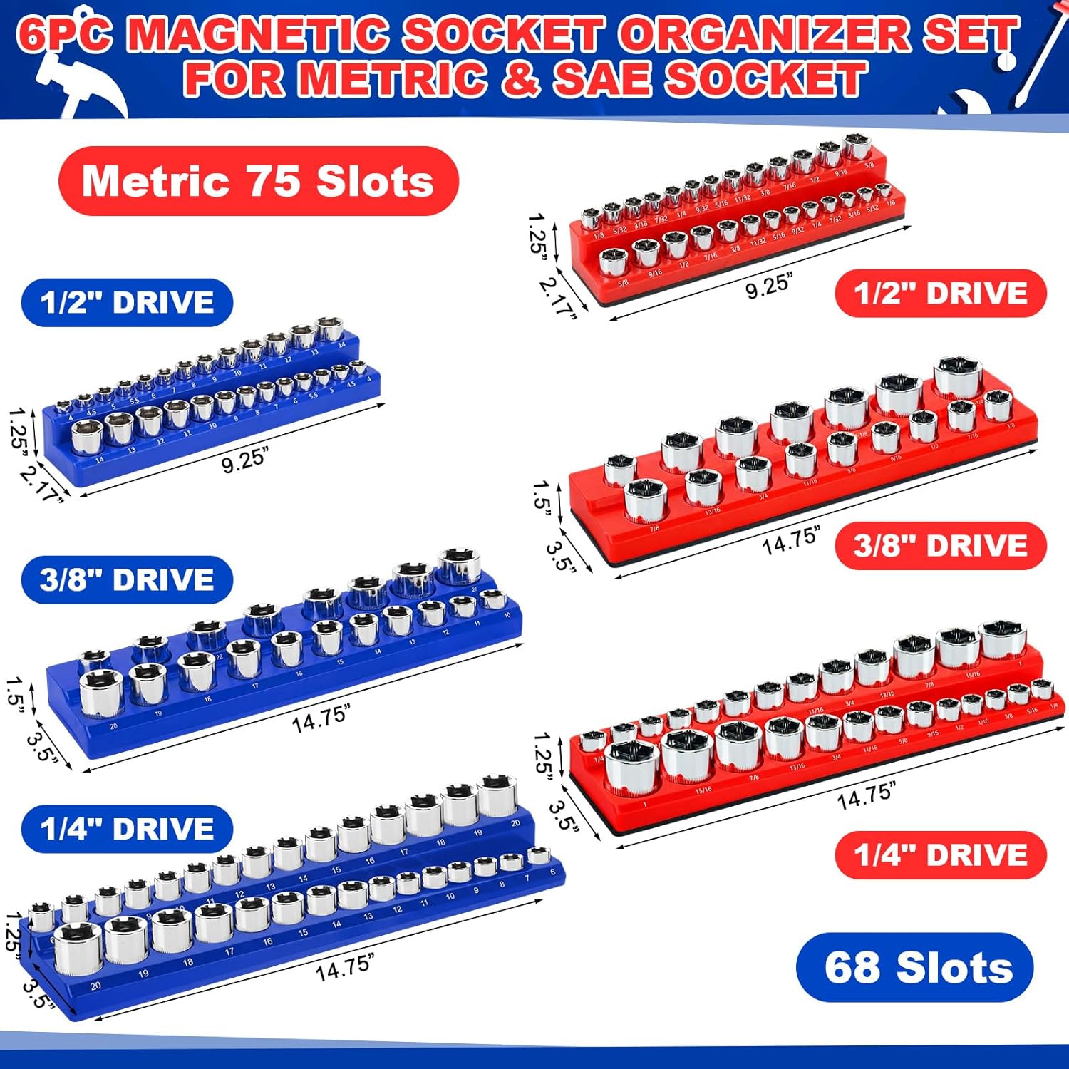 Blulu 26Pcs Magnetic Socket Organizer and Magnetic Wrench Organizer Set, Socket Holder Set 1/4", 3/8", 1/2", Modular Wrench Tool Storage Racks with Metric & SAE Label for Tool Box Drawer Storage