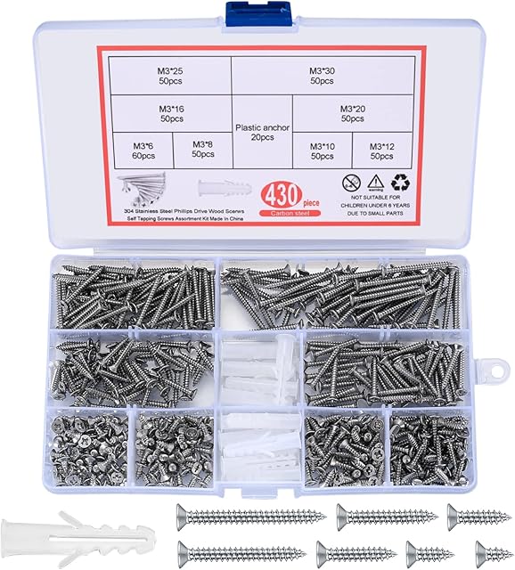 430 Pcs Flat Head Self-Tapping Screws Assortment Kit, M3 Stainless Steel Cross Head Self-Drilling Wood Screws, Including 20 Pcs Plastic Screws Anchors - 6mm/8mm/10mm/12mm/16mm/20mm/25mm/30mm