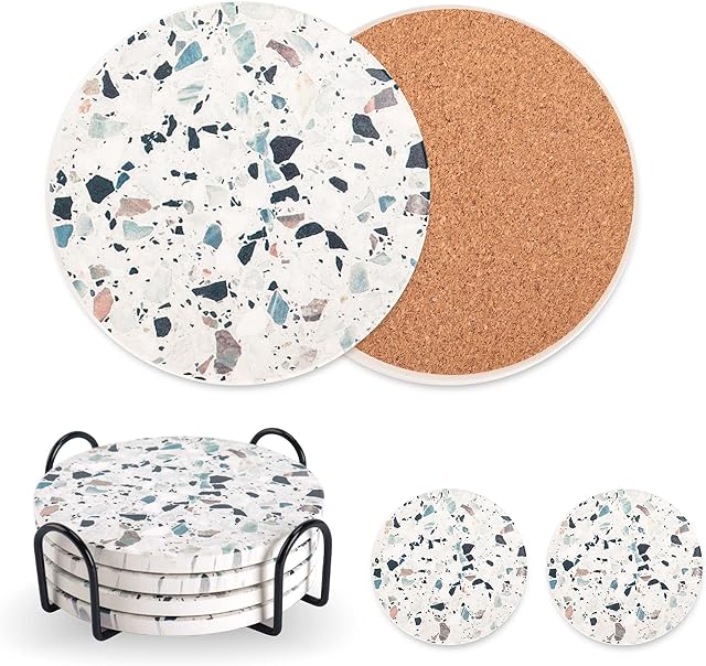 Drink Coasters with Holder, Absorbent Coaster Sets of 4, Colorful Pattern Ceramic Drink Coaster for Tabletop Protection,Suitable for Kinds of Cups, Wooden Table,4 Inches