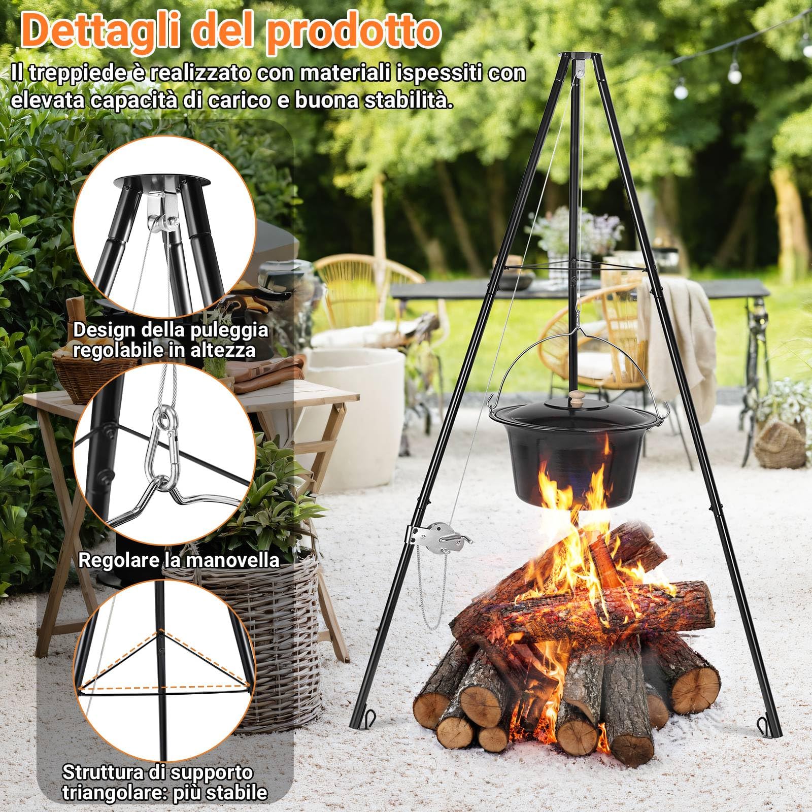TLSUNNY Bollitore per Gulasch Ungherese Originale 10 L, Telaio per Treppiede con Regolazione, Set di Pentole per Gulasch, Pentola per Gulasch Smaltata, Treppiede Telescopico con Picchetti per Picnic
