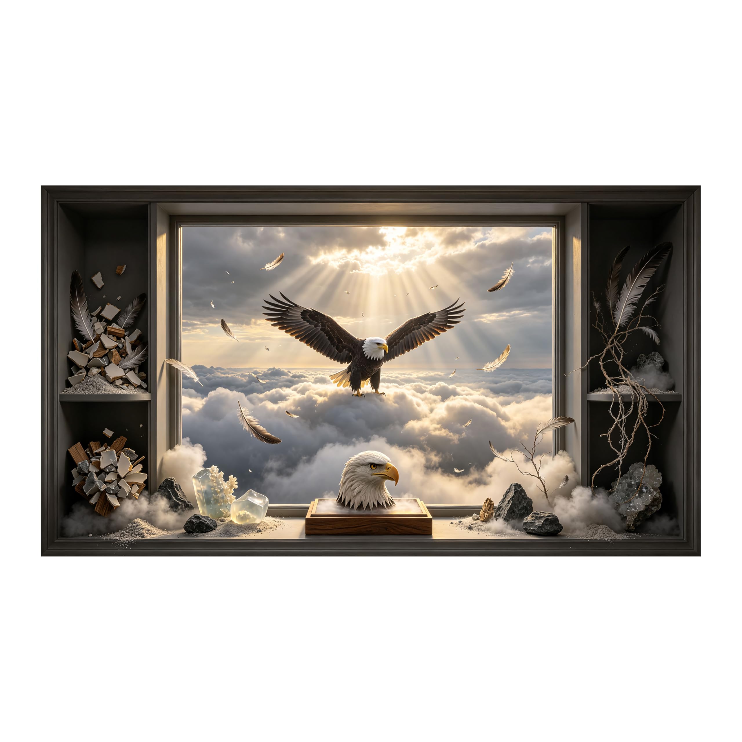 Yzpallescene Art260711130 3D Framed Wall Art Majestic Eagle Cloudscape Sky Rays Panoramic Large Size Selfadhesive Removable Wall Decor Prints Artwork For Living Room Bedroom Office