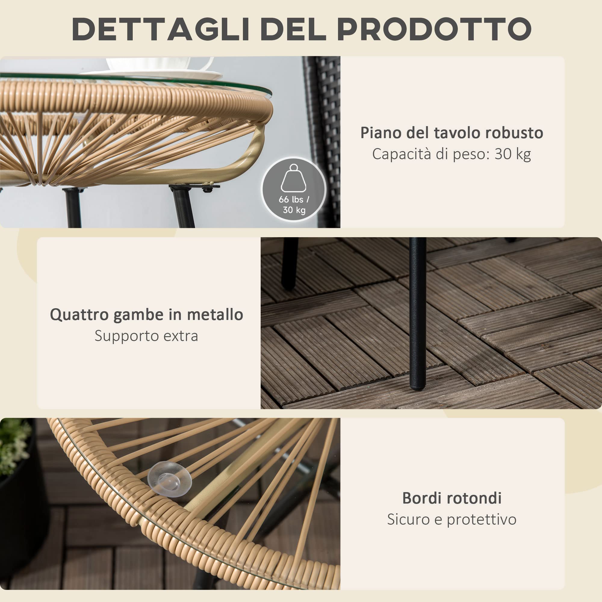 Outsunny Tavolino da Giardino in Rattan PE e Vetro, Tavolino da Caffè Rotondo Stile Boho Chic per Balcone e Terrazza, Ø50x50cm, Beige