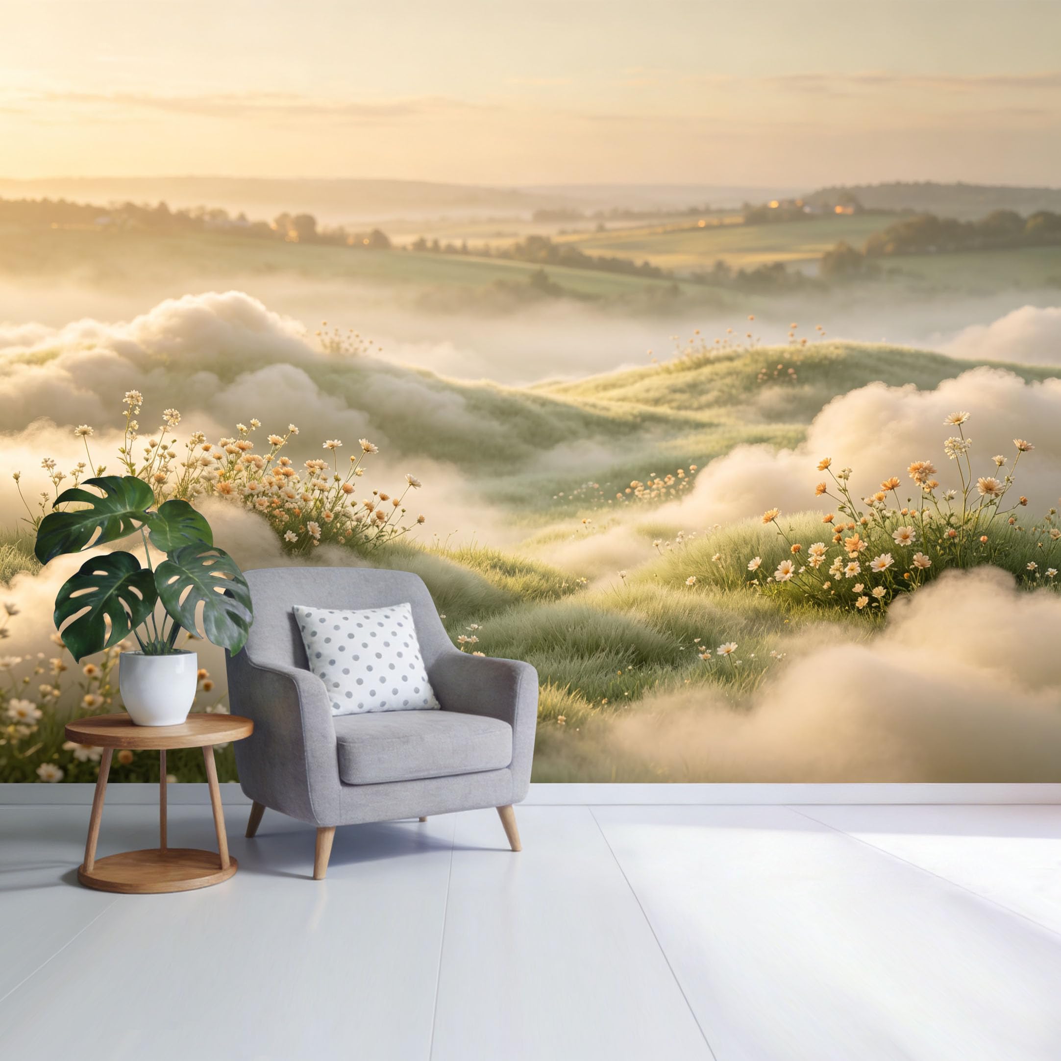 Custom Size Wall Mural Misty Meadow Landscape Sunrise Flowers Cloudy Hills Watercolor Nature Scene SelfAdhesive Wall Fabric Removable Wallpaper for Home Office Decor