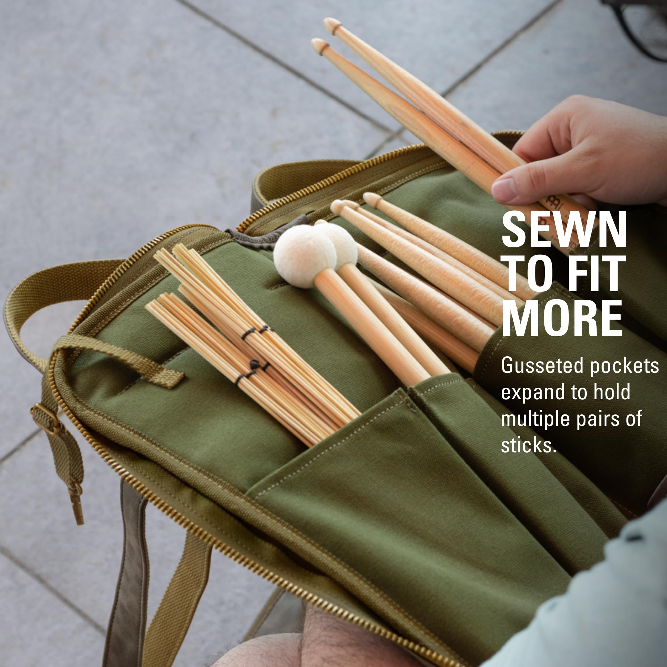 Meinl Cymbals Borsa per bacchette - Vintage Hyde - per bastoni, mazzuole, spazzole e aste, tessuto resistente con tracolla e ganci per Tom da pavimento (MVHSDB)