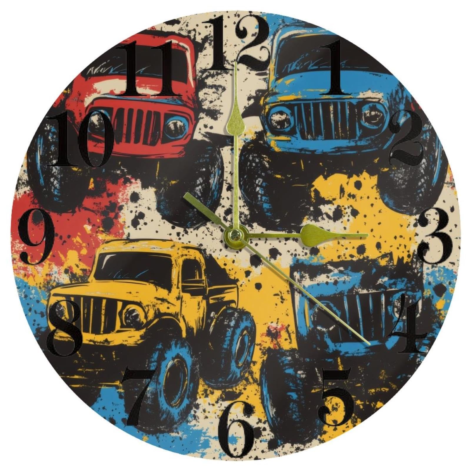 Horloge murale Monster Trucks style grunge peinture montre à quartz silencieuse ronde 30cm