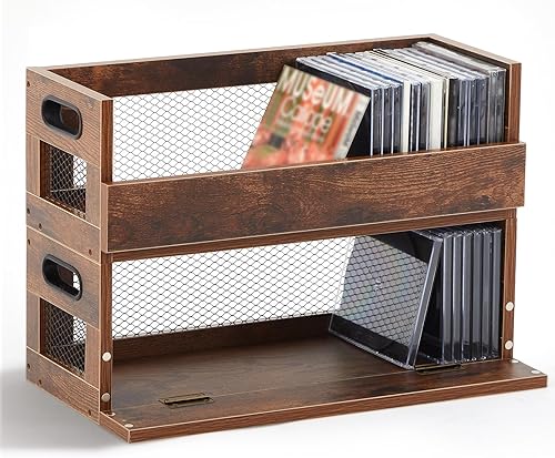 Miniatura 8 de Jetec Juego de 4 cajas de almacenamiento retro para CD, estantes de exhibición de metal y madera con asas de transporte, estante organizador